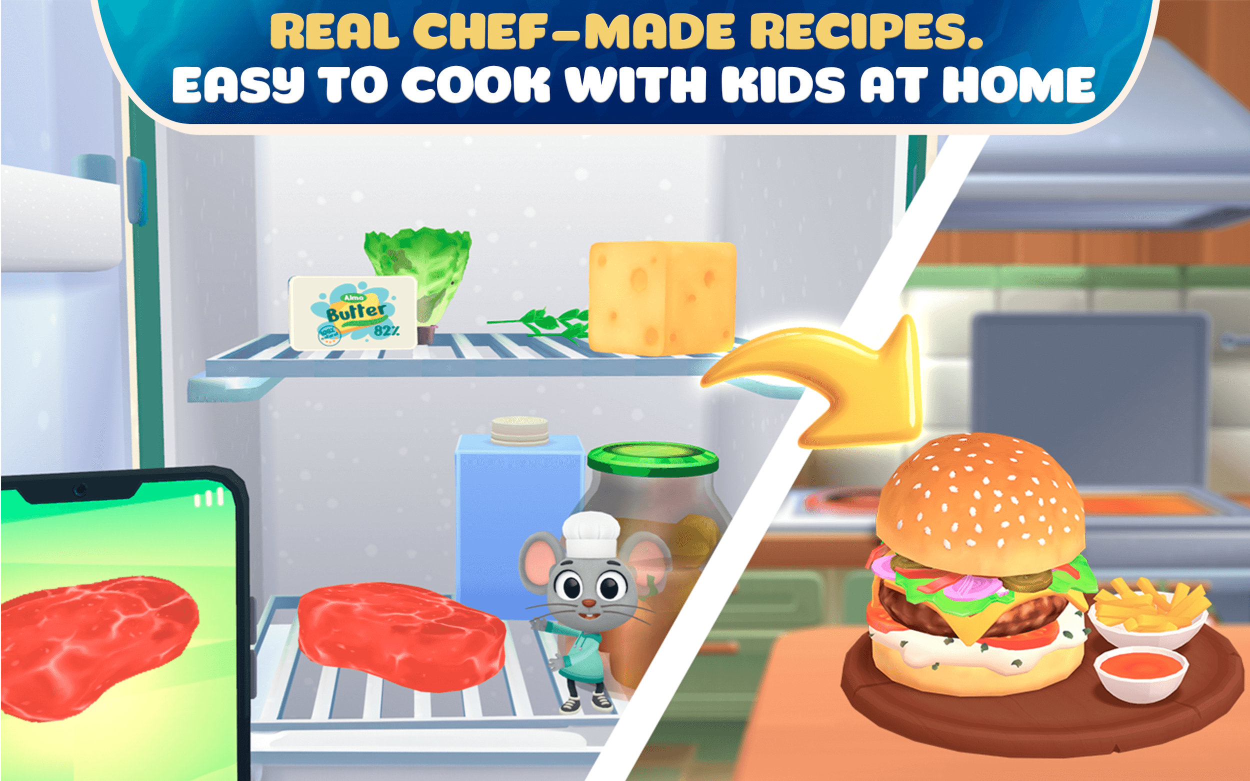 A children's cookbook cover titled 'Real Chef-Made Recipes. Easy to Cook with Kids at Home', featuring a refrigerator with ingredients like butter, lettuce, cheese, milk, and pickles, a cartoon mouse dressed as a chef, and a prepared burger with frie