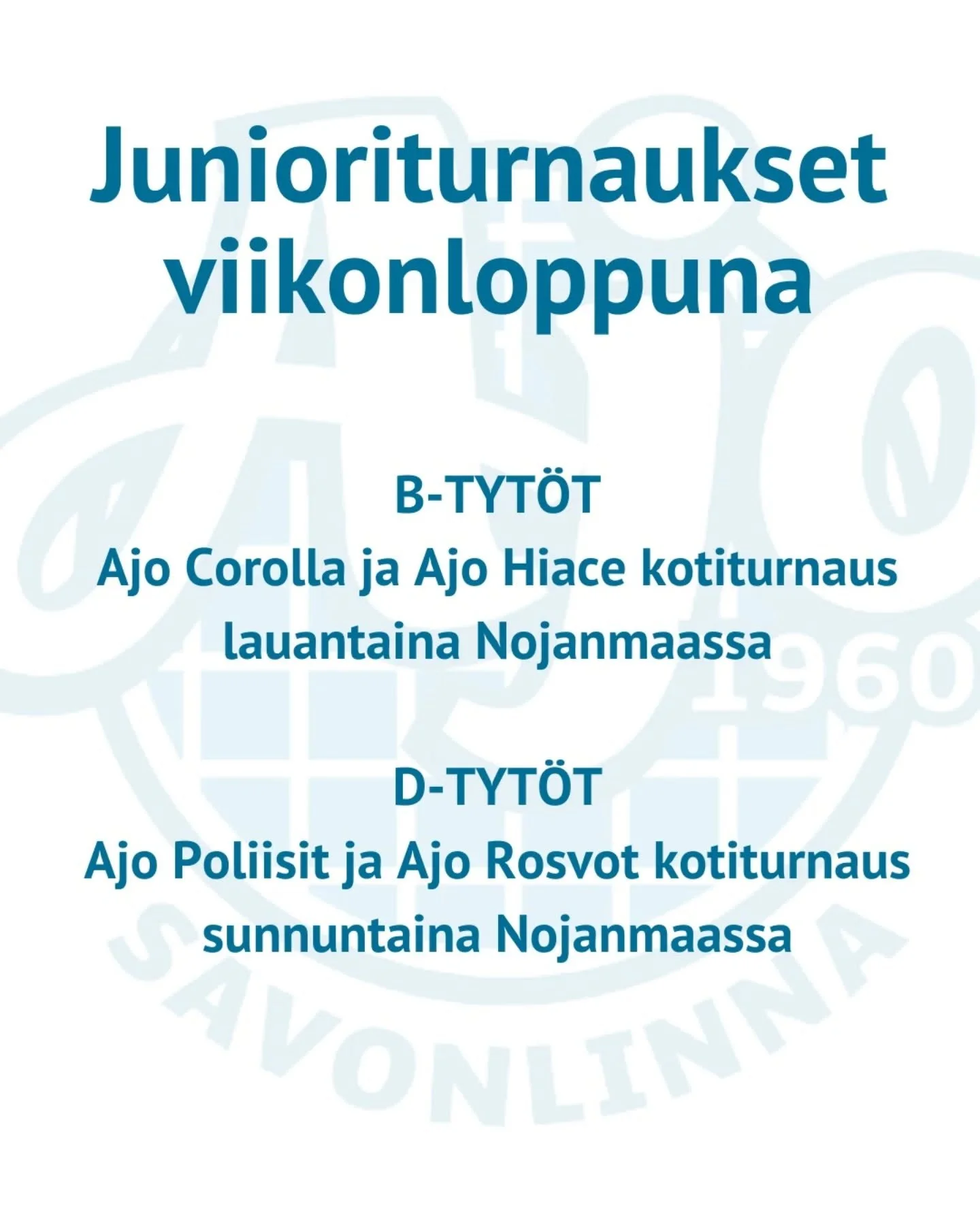 Sarjapelit k&auml;yntiin! 

Ekat junnupelit p&auml;&auml;st&auml;&auml;n aloittamaan oikein kotituplalla: 

B-tyt&ouml;t pelaavat lauantaina kahden joukkueen voimin Nojanmaassa. Ajon otteluita 10.00, 12.45, 14.00, 15.15 ja 16.30! 

D-tyt&ouml;t jatka