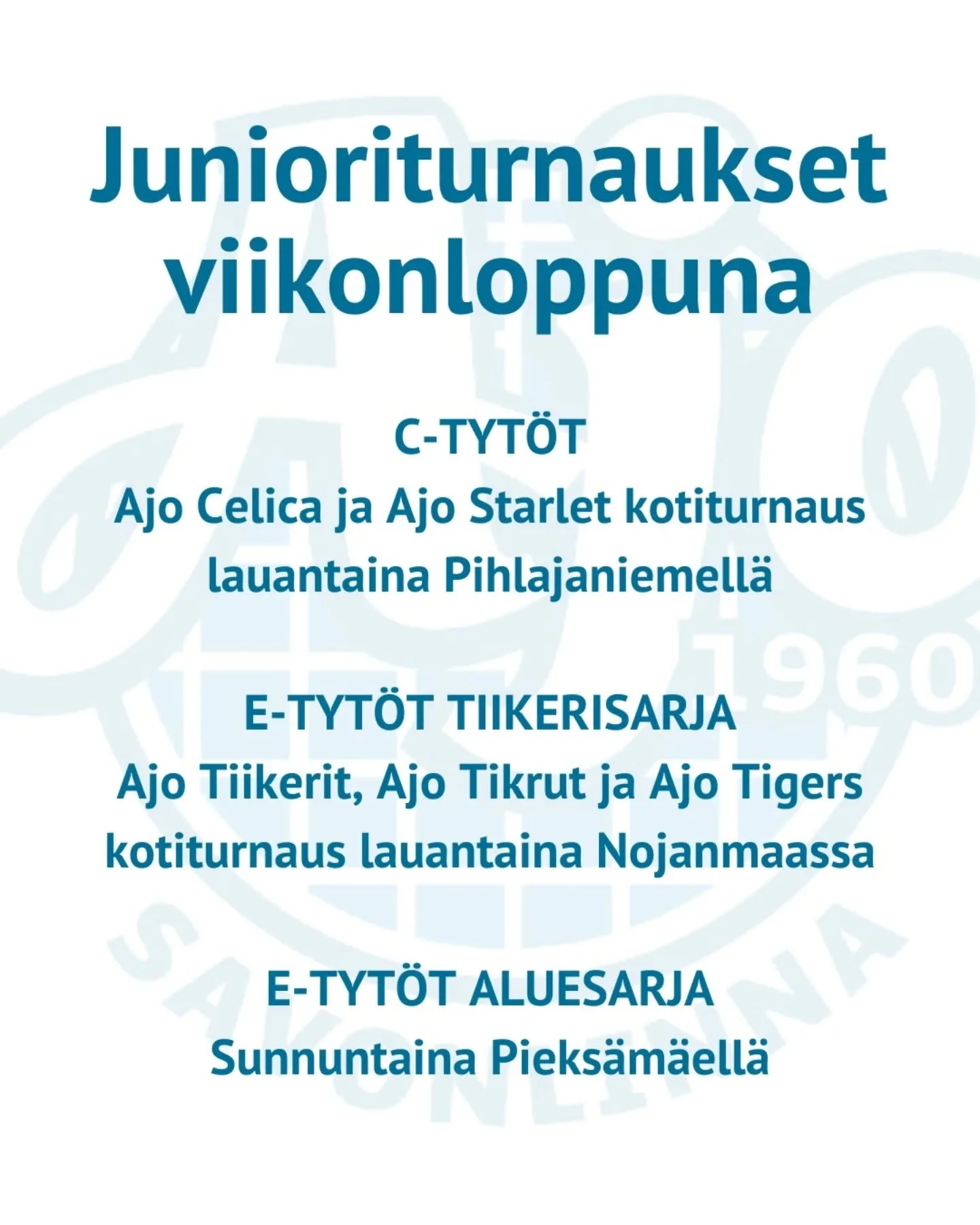 Loputkin juniorijoukkueet kentille viikonloppuna! 

C-tytt&ouml;jen Celica ja Starlet avaavat kautensa kotiturnauksella Pihlajaniemell&auml;. Ajo otteluita lauantaina 9:00, 11:45, 13:00, 14:15 ja 15:30! 

E-tytt&ouml;jen kolme tiikerisarjajoukkuetta 