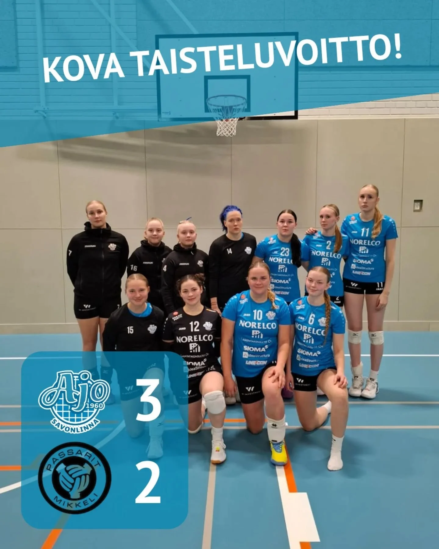 AVAUSVOITTO! 

Armas naapuriseura @passarittaret pisti meid&auml;t todella tiukille, mutta saatiin kuin saatiinkin voitto kairattua! 
Lopputulos 3-2, er&auml;pisteet 25-23, 22-25, 25-12, 20-25 ja 15-11

Nojanmaan saliin oikein mukavat noin 70 katsoja