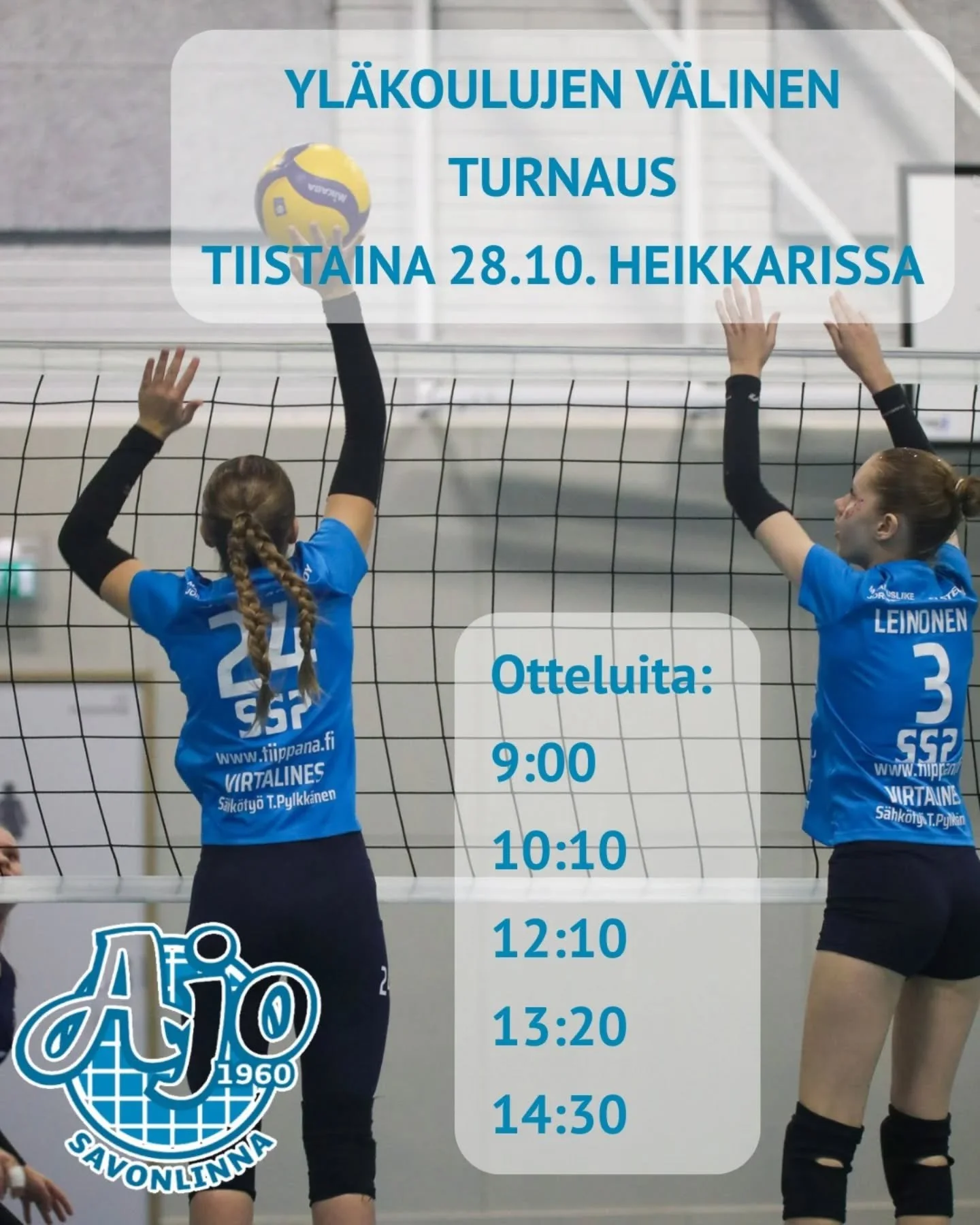 Heikkarissa pelataan huomenna yl&auml;koulun tytt&ouml;jen v&auml;linen lentopalloturnaus! 

Ajon pelaajia esiintyy turnauksessa Mertalan, Talvisalon ja Sulkavan yl&auml;koulun joukkueissa. Paikalla joukkueet my&ouml;s Mikkelist&auml; ja Joroisista! 