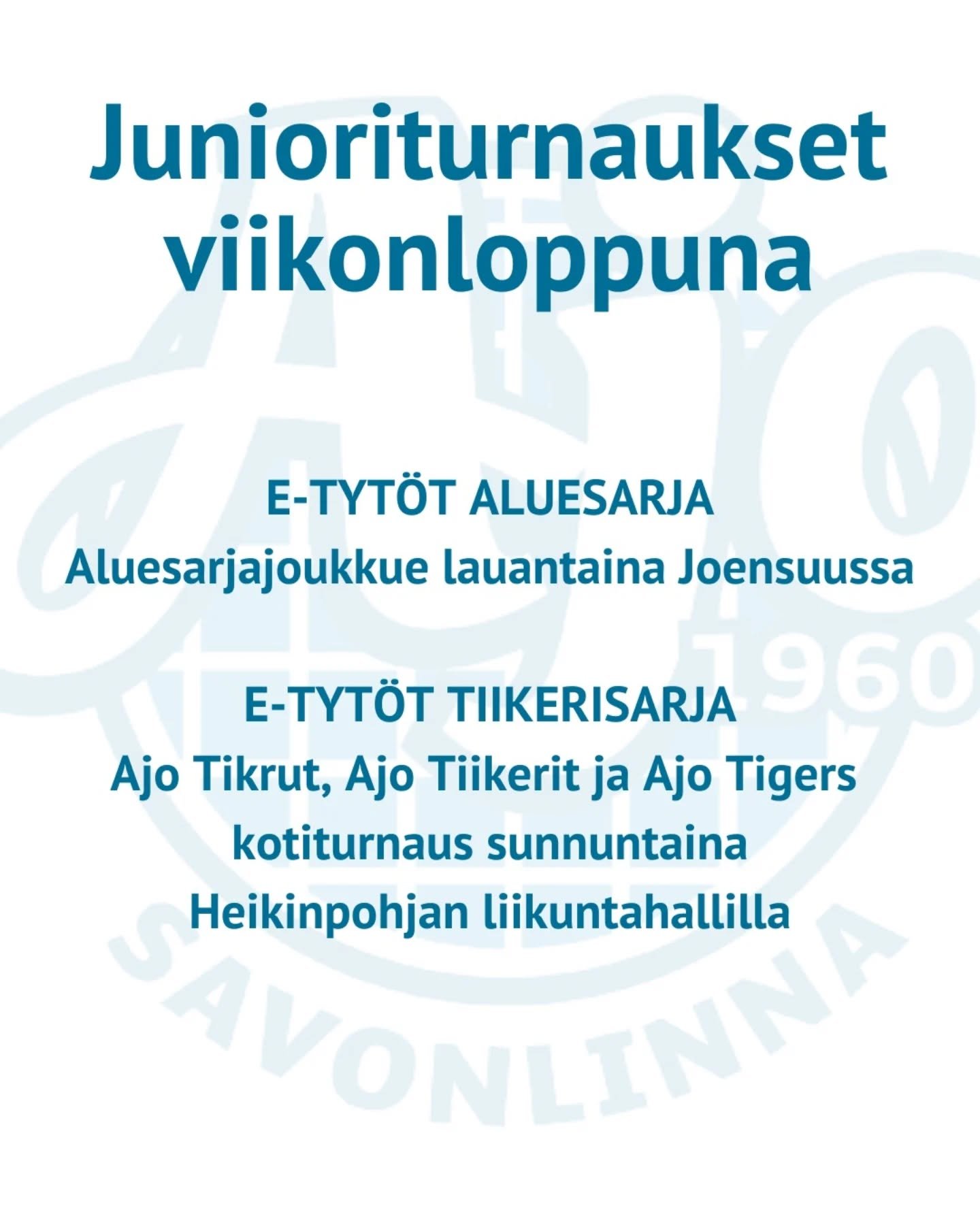 Junioreista viikonloppuna peleill&auml; ovat U11 eli E-tyt&ouml;t! 

Aluesarjajoukkue vierailee lauantaina Joensuussa ja tiikerisarjan joukkueet pelaavat sunnuntaina kotiturnauksen Heikinpohjan liikuntahallilla! Ajon otteluita 10.30, 11.20, 12.30 ja 