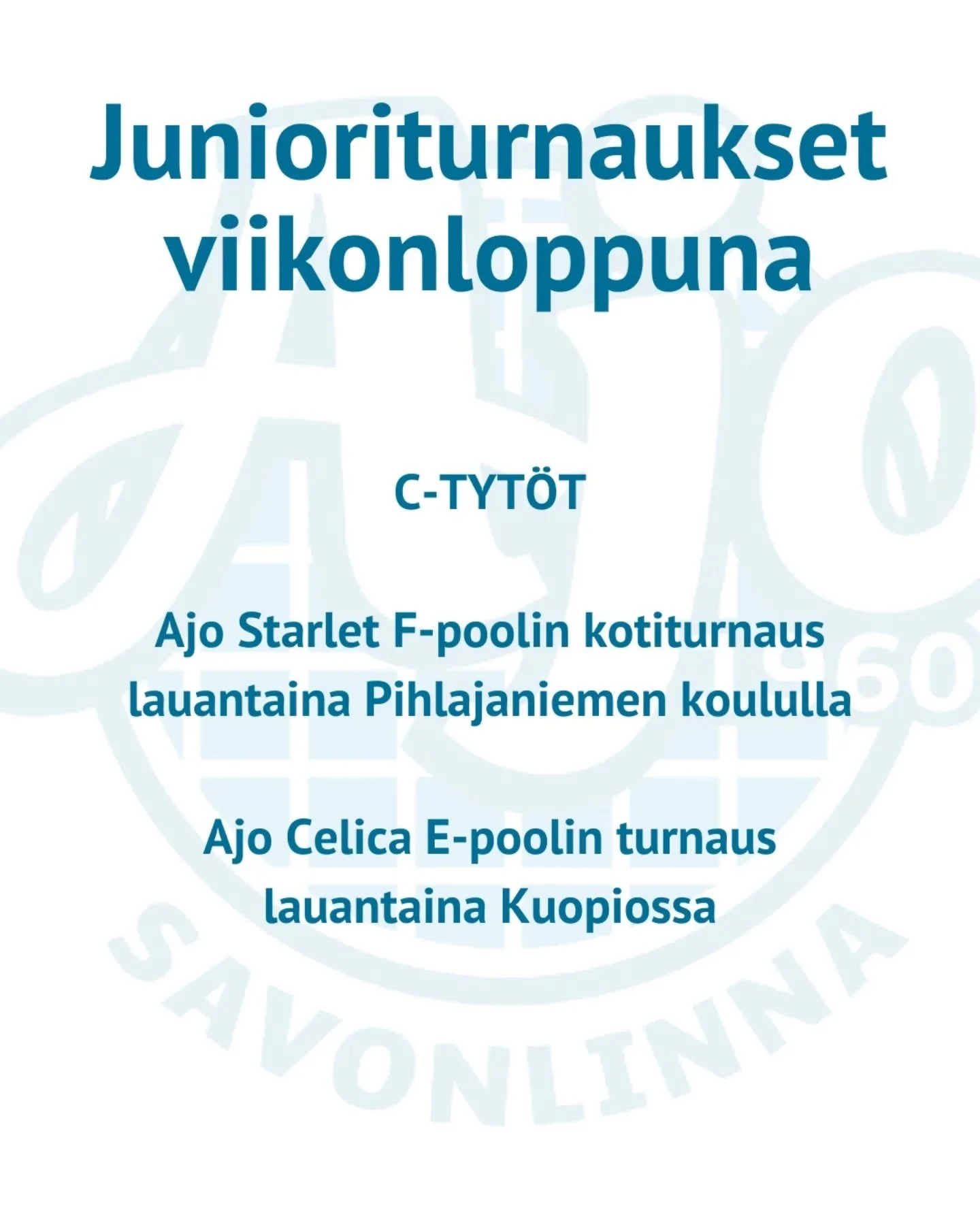 C-tyt&ouml;t kentill&auml; lauantaina!

Ajo Celica vierailee E-poolin turnauksessa Kuopiossa ja Starlet j&auml;rjest&auml;&auml; F-poolin kotiturnauksen Pihlajaniemell&auml;! 
Ajon otteluita Pihliksell&auml; 10.30, 14.30 ja 16.45. Tervetuloa kannusta