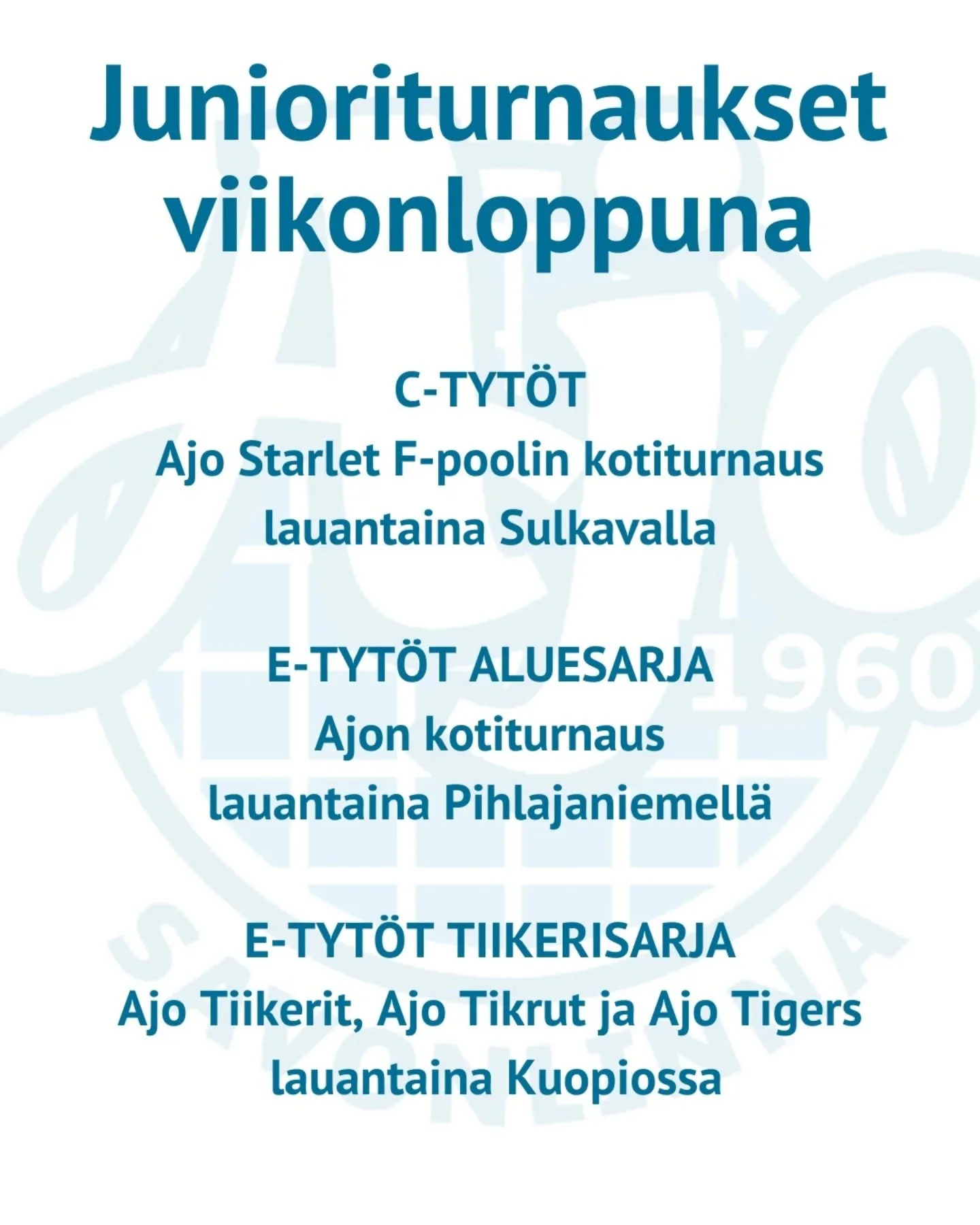 Kev&auml;tkausi k&auml;yntiin! 

Lauantaina kentille hypp&auml;&auml;v&auml;t E- ja C-ik&auml;iset! 

C-tytt&ouml;jen Starlet pelaa kotiturnauksensa Sulkavan liikuntahallilla. Ajon otteluita 11.00, 12.45 ja 14.15!
E-tytt&ouml;jen aluesarjajoukkue j&a