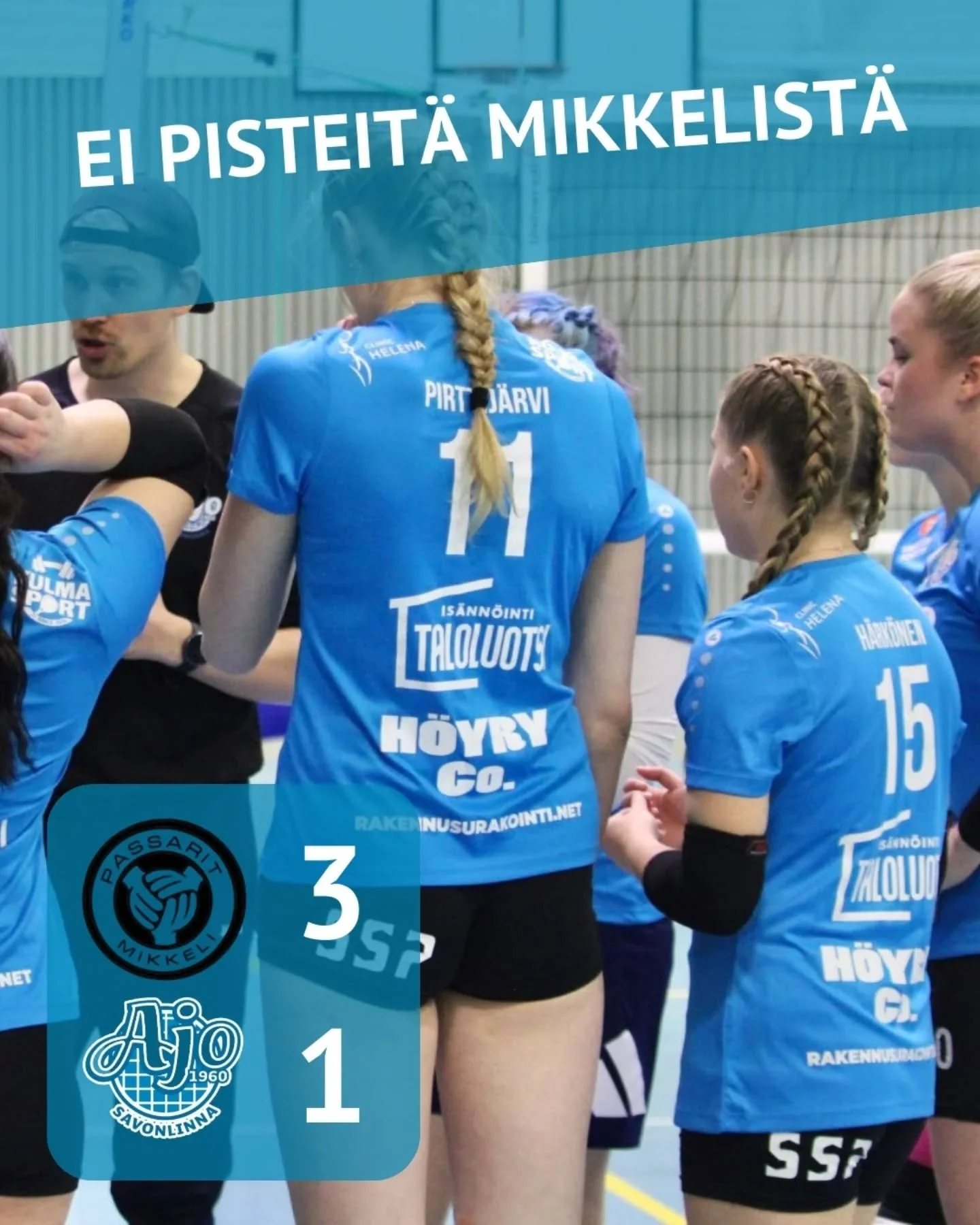 Mikkelist&auml; jouduttiin t&auml;n&auml;&auml;n kotimatkalle ilman sarjapisteit&auml;. 
Peli @passarittaret 3-1, er&auml;pisteet 25-17, 25-20, 17-25 ja 25-22. 

Eilinen peli oli meid&auml;n sy&ouml;tt&ouml;mylly&auml;, t&auml;m&auml;np&auml;iv&auml;