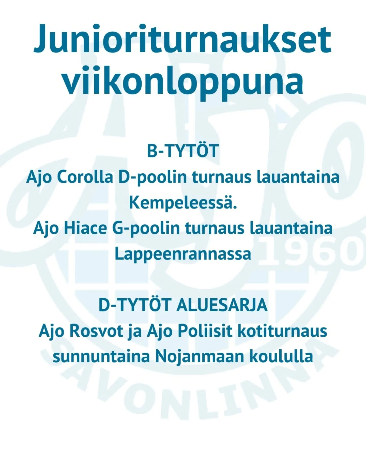 Junnupelej&auml; viikonloppuna nelj&auml;n joukkueen voimin! 

B-tyt&ouml;t p&auml;&auml;sev&auml;t matkailemaan: Corolla Kempeleelle saakka ja Hiace hieman l&auml;hemm&auml;s Lappeenrantaan. 

D-tytt&ouml;jen Rosvot ja poliisit taas j&auml;rjest&aum