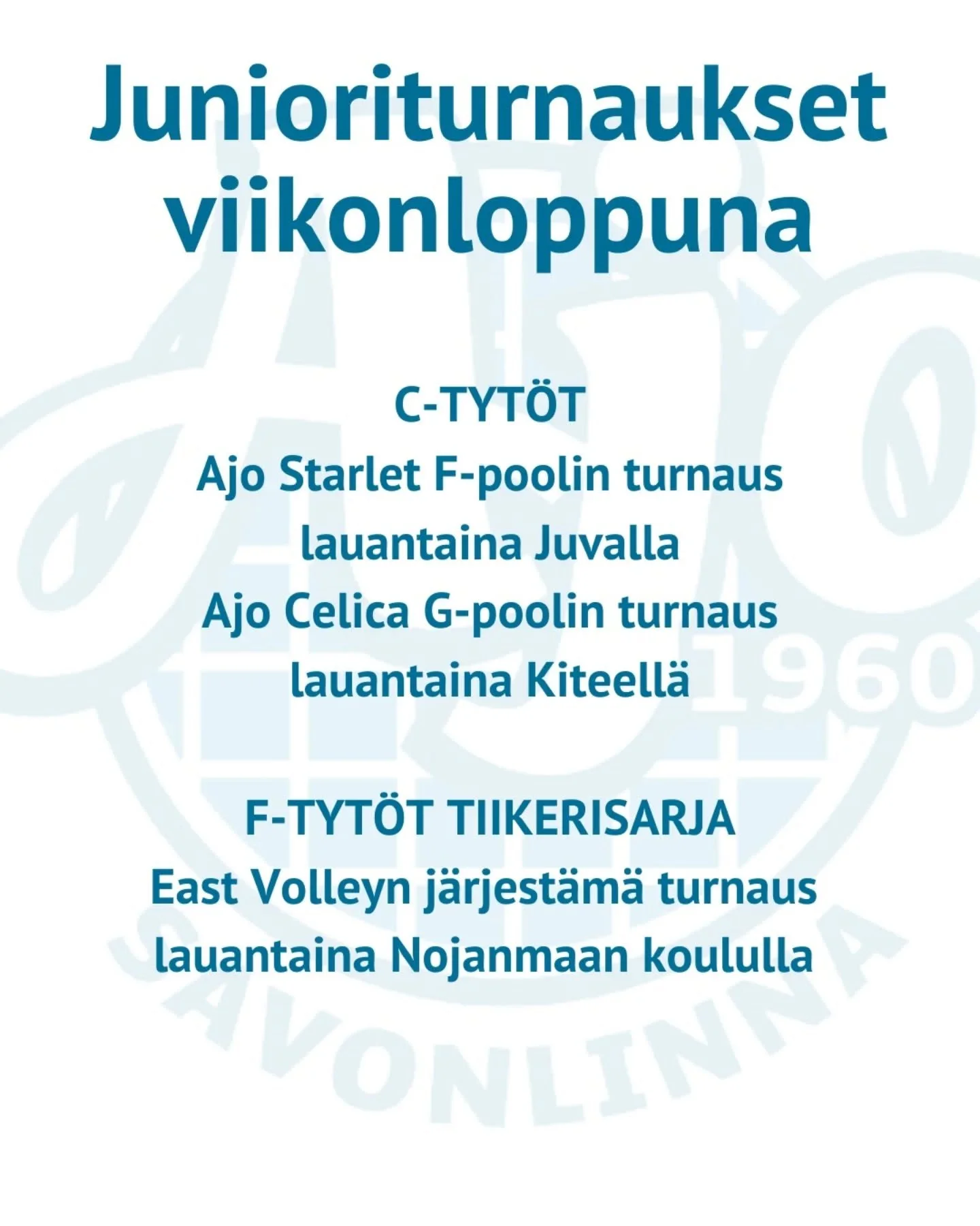 Lauantaina kentill&auml; C- ja F-ik&auml;iset! 

Nojanmaan koululla elet&auml;&auml;nkin lauantaina hienoja hetki&auml;, kun lentopalloilijan uransa p&auml;&auml;see k&auml;ynnistelem&auml;&auml;n uudessa joukkueessa nelj&auml; innokasta F-tytt&ouml;