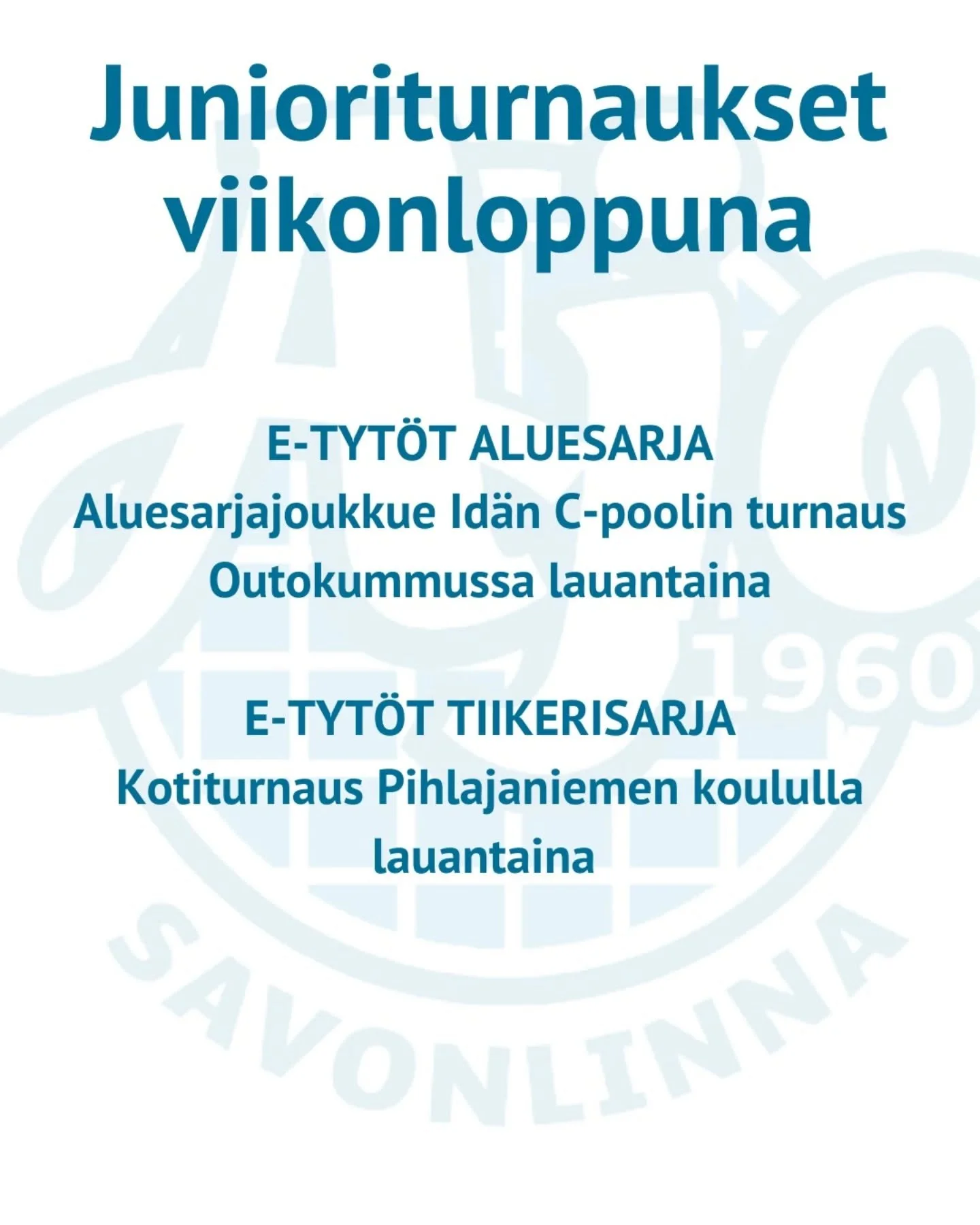 Lauantaina kentill&auml; U11 eli E-tyt&ouml;t! 

Aluesarjajoukkue matkustaa Outokumpuun ja tiikerisarjajoukkueet j&auml;rjest&auml;v&auml;t kotiturnauksen Pihlajaniemen koululla! 
Ajon joukkueet pelaavat koko ajan 10.30-15.00 v&auml;lill&auml;!

Terv