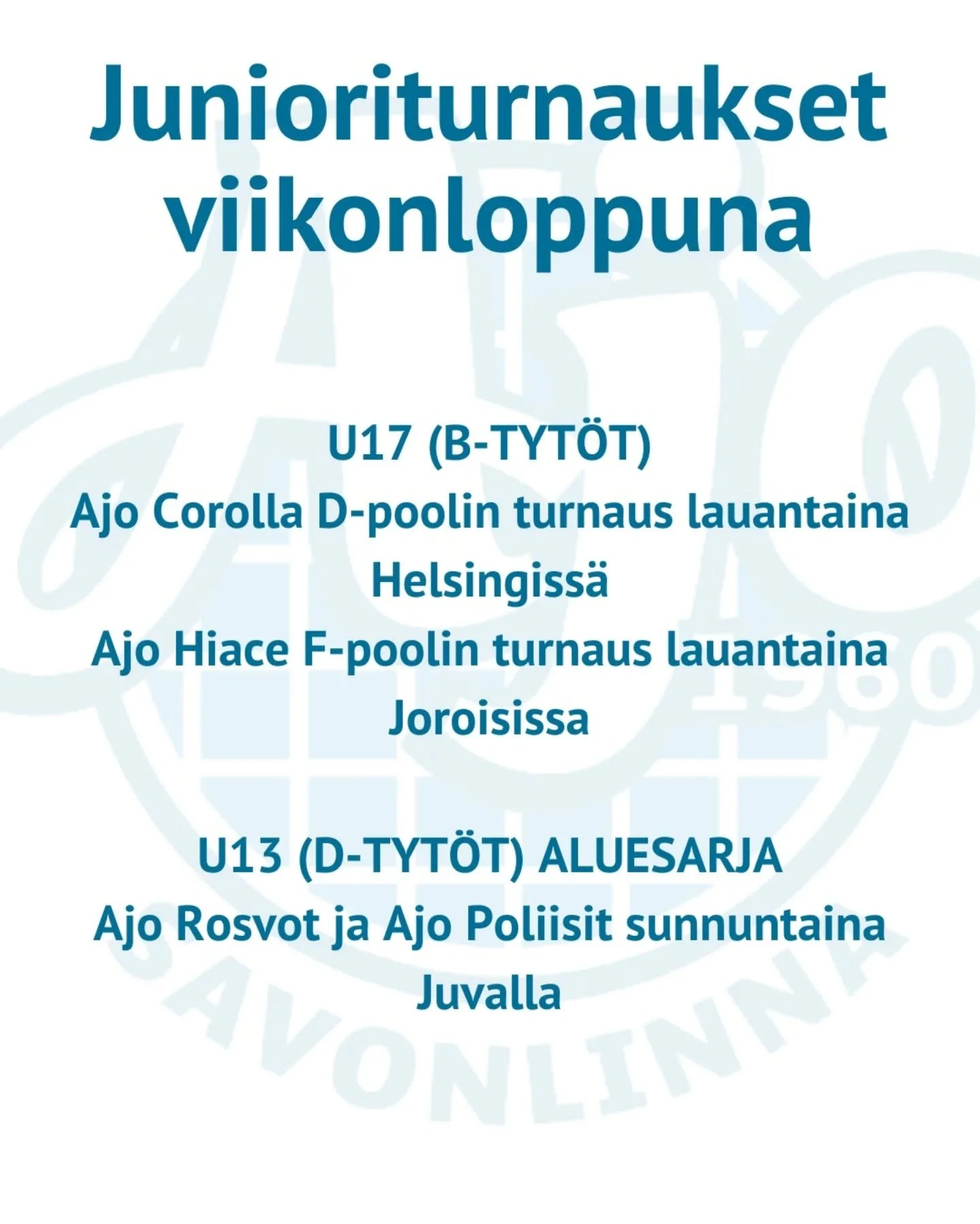 Viikonloppuna kentill&auml; U17 ja U13 tyt&ouml;t! 

Tasaisesti D-poolissa l&auml;pi kauden pelannut Corolla p&auml;&auml;see Helsingiss&auml; pelaamaan U17 v&auml;lier&auml;paikasta lopputurnaukseen! 

Hiace sek&auml; U13 Poliisit ja Rosvot taas pys