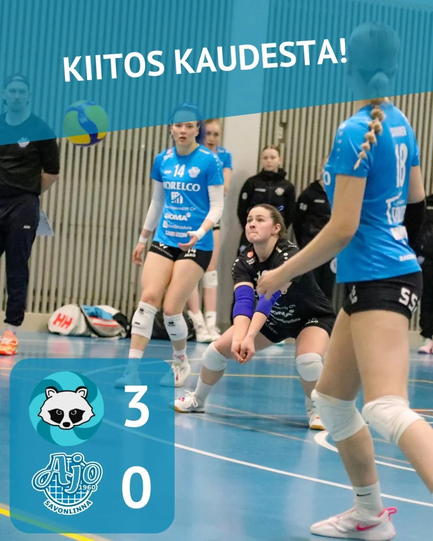 Naisten kausi p&auml;&auml;t&ouml;kseen. 

@supivolley - Ajo 3-0. Er&auml;pisteet 25-22, 25-21 ja 25-15. 

Kun kaikkensa antaa, niin jossiteltavaa ei j&auml;&auml;! 
T&auml;m&auml; oli my&ouml;s joukkueen teema otteluun l&auml;hdett&auml;ess&auml;. S