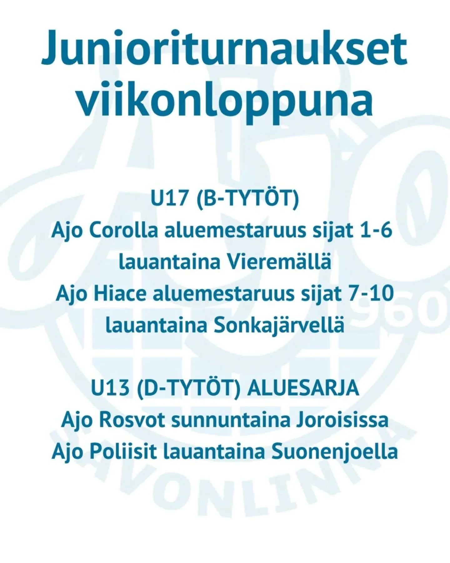 U17 tyt&ouml;t mittelev&auml;t viikonloppuna aluemestaruussijoituksista! Corolla Vierem&auml;ll&auml; sijoista 1-6 ja Hiace Sonkaj&auml;rvell&auml; sijoista 7-10. It&auml;-Suomen alueella on t&auml;ll&auml; kaudella yhteens&auml; 15 U17 joukkuetta. 
