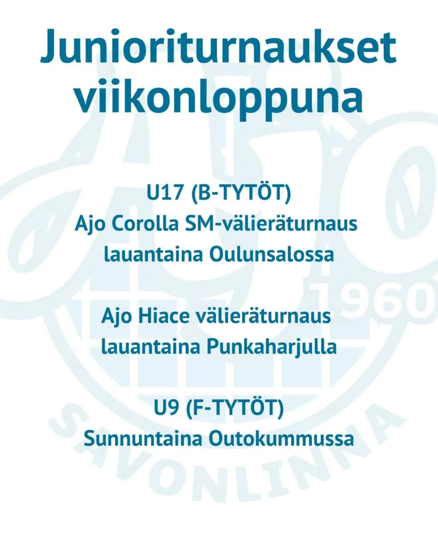 U17 tyt&ouml;t kentill&auml; jo toisena per&auml;kk&auml;isen&auml; viikonloppuna! 

Corolla matkustaa Oulunsaloon kamppailemaan paikasta SM-finaaliturnaukseen. Hiace taas pelaa kotiturnauksensa lauantaina Punkaharjun koululla! 

My&ouml;s seuran nuo
