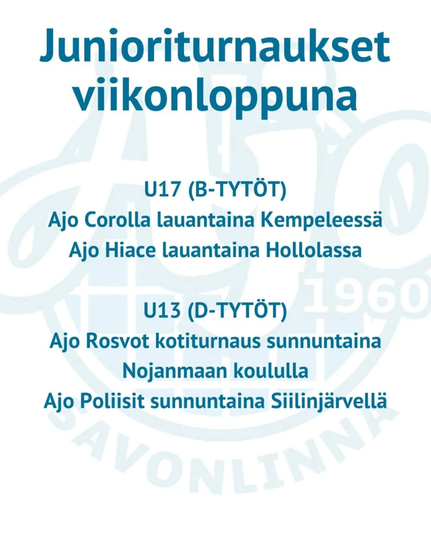 Viimeiset sarjapelit kaudelle 2025-2026! 

B-tytt&ouml;jen Ajo Corolla matkustaa (j&auml;lleen) Pohjois-Pohjanmaalle ja tarkemmin Kempeleeseen pelaamaan sijoista 17-20. 
Hiace selvi&auml;&auml; hieman lyhyemm&auml;ll&auml; reissulla Hollolan suuntaan