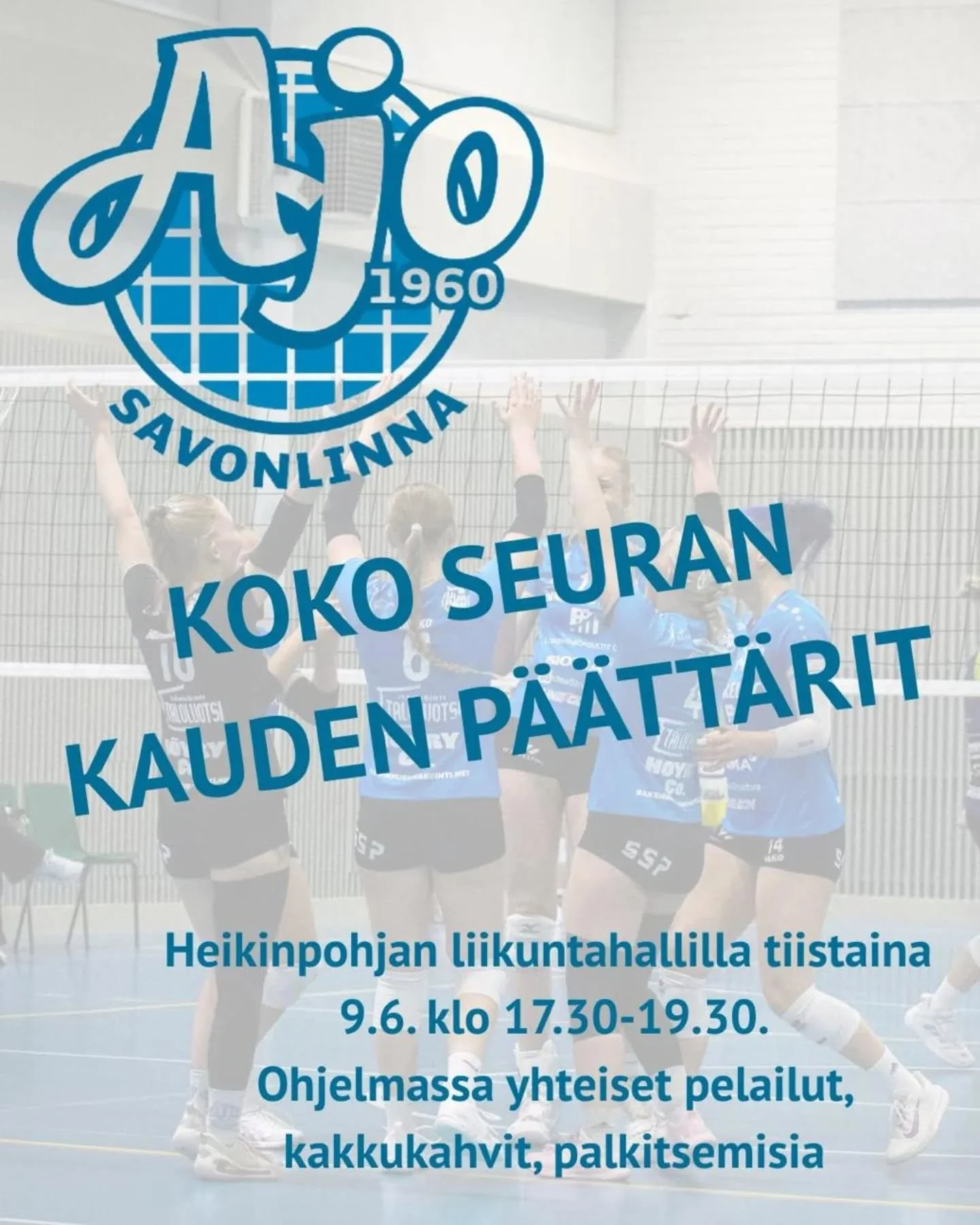Huomenna vietet&auml;&auml;n liikuntahallilla koko seuran kauden p&auml;&auml;tt&auml;reit&auml;! 

Ohjelmassa yhteiset pelailut, kakkukahvit ja palkitsemisia. Tervetuloa paikalle! 
Ps. hallilta voit ostaa my&ouml;s seuratuotteita! 

#savonlinnanajo