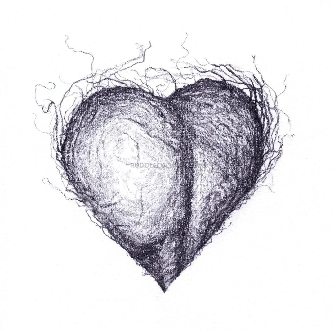 Dessin au graphite représentant un cœur formé de testicules, interprétation du désir et de l’amour charnel, Rudolf Cuchkin