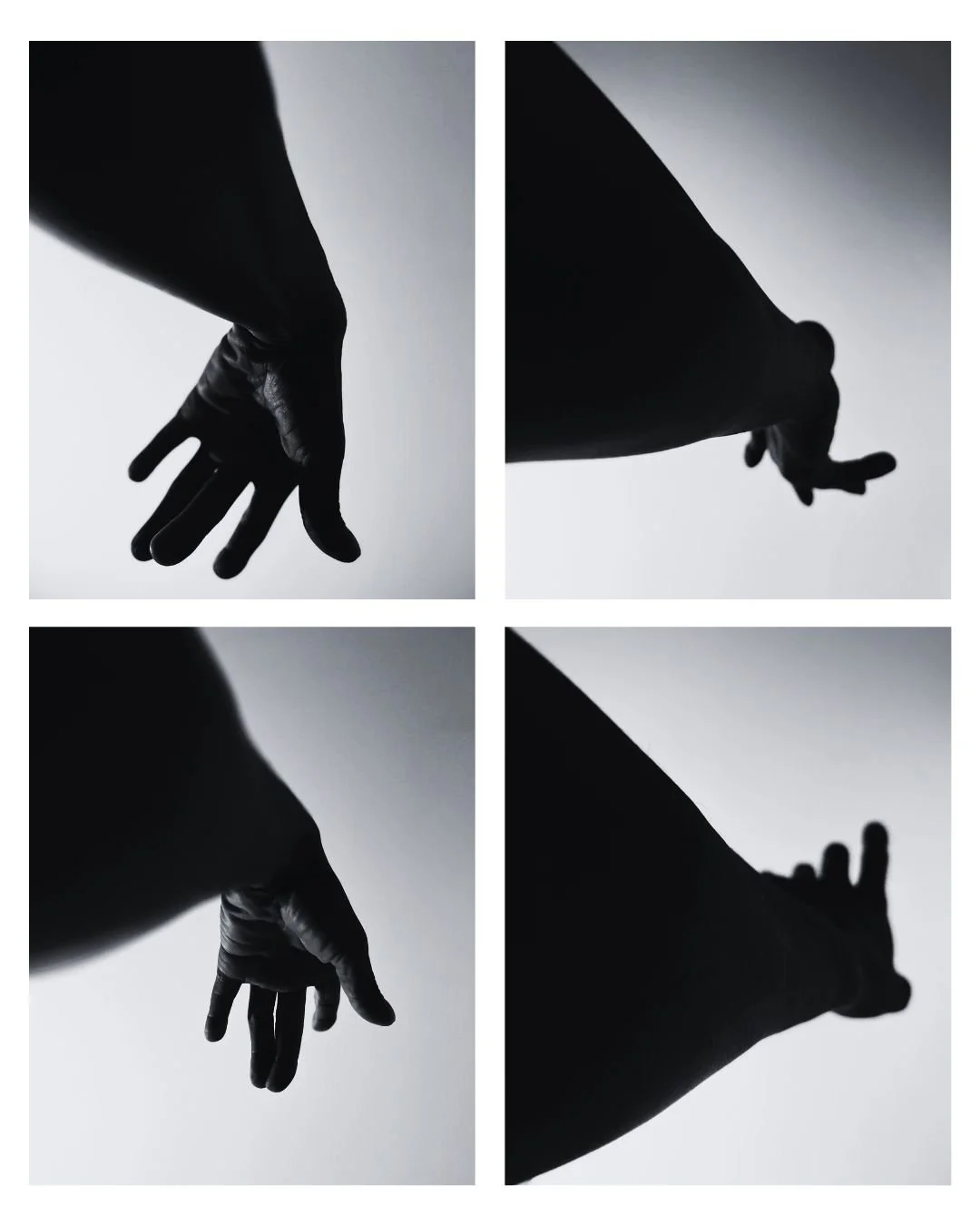 Quatre images en noir et blanc de mains et de bras dans différentes positions.