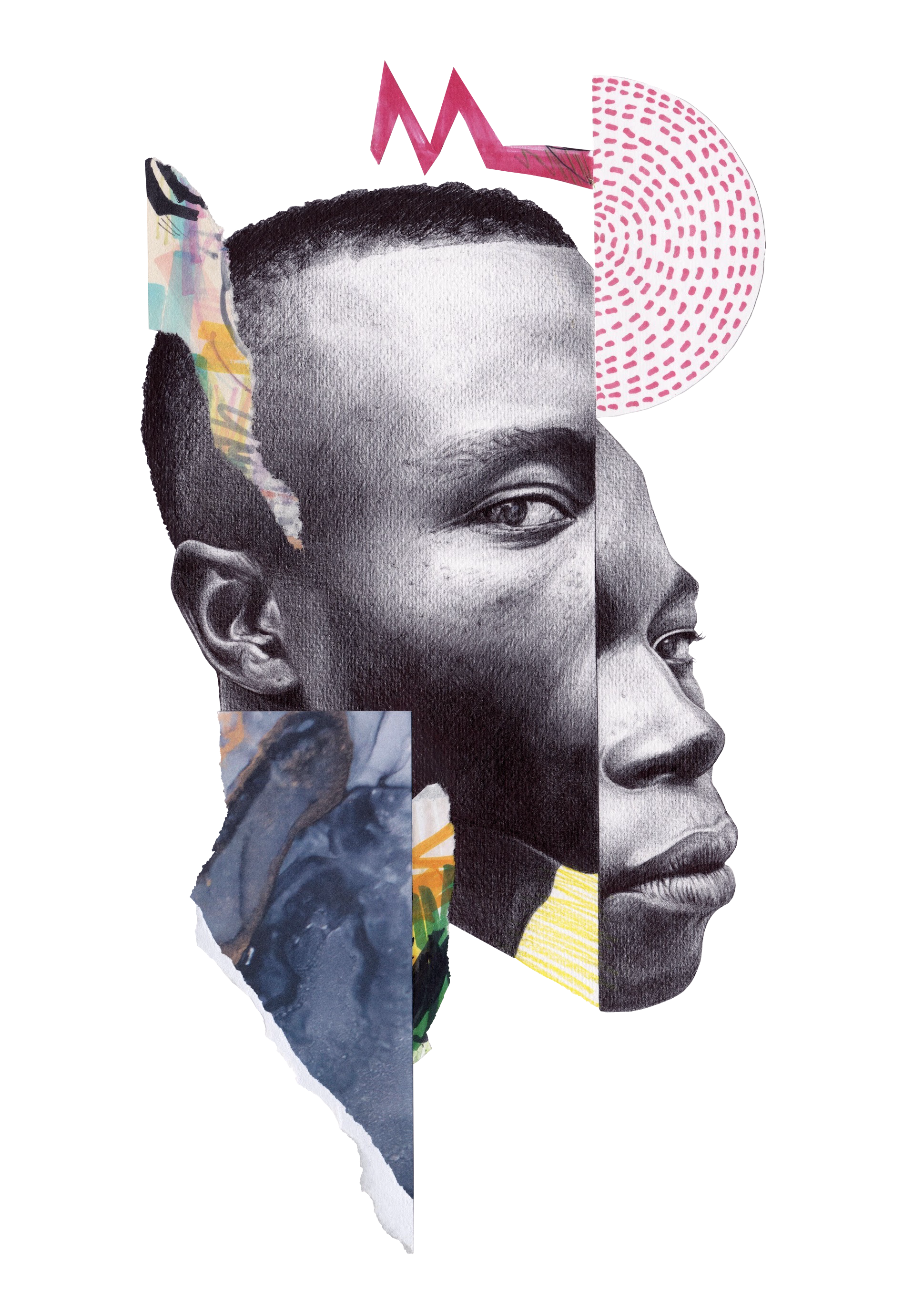 Collage photo d'un portrait noir et blanc d'une personne avec des éléments graphiques colorés autour, dont une tête stylisée en forme de lettre M et un cercle rose à motifs. La personne a une coupe courte et une expression sérieuse.