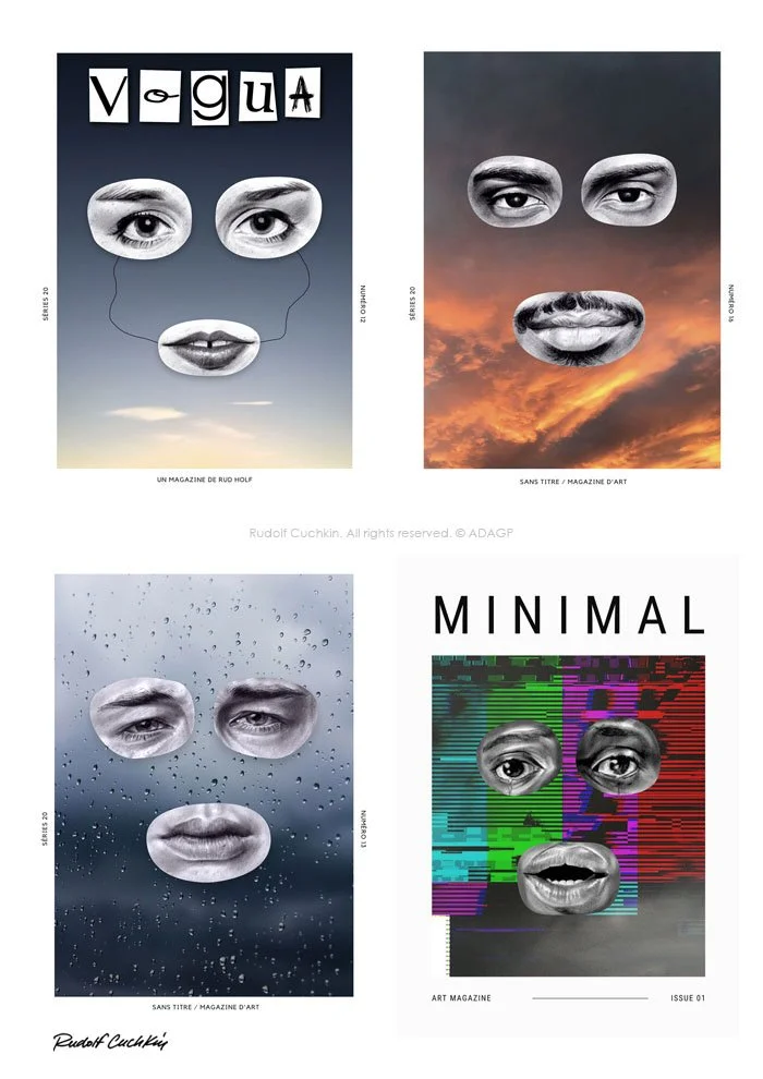 Collage de quatre œuvres d'art avec des visages composés de morceaux d'yeux et de bouches, sur différents fonds de ciel et textures, avec des textes variés.