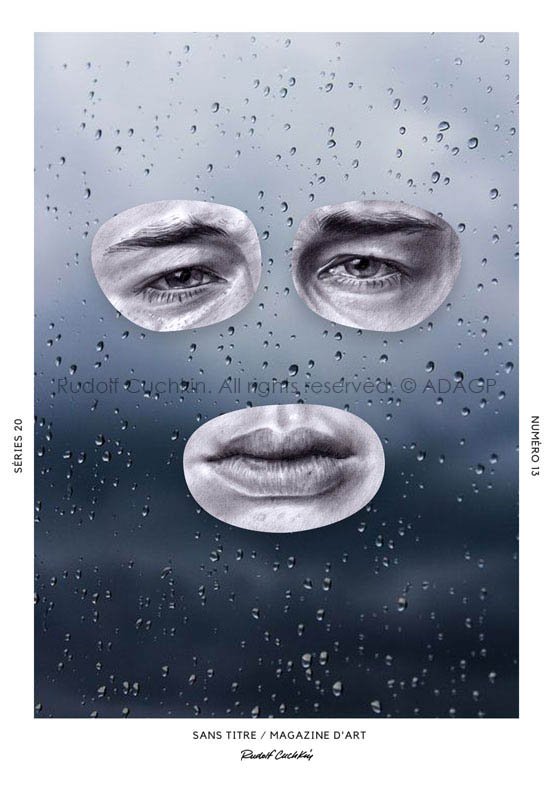 Une image artistique avec un fond nuageux et des gouttes de pluie, montrant des morceaux de visages humains en noir et blanc ou en couleur, dont des yeux et des lèvres, créant une composition abstraite et évocatrice.