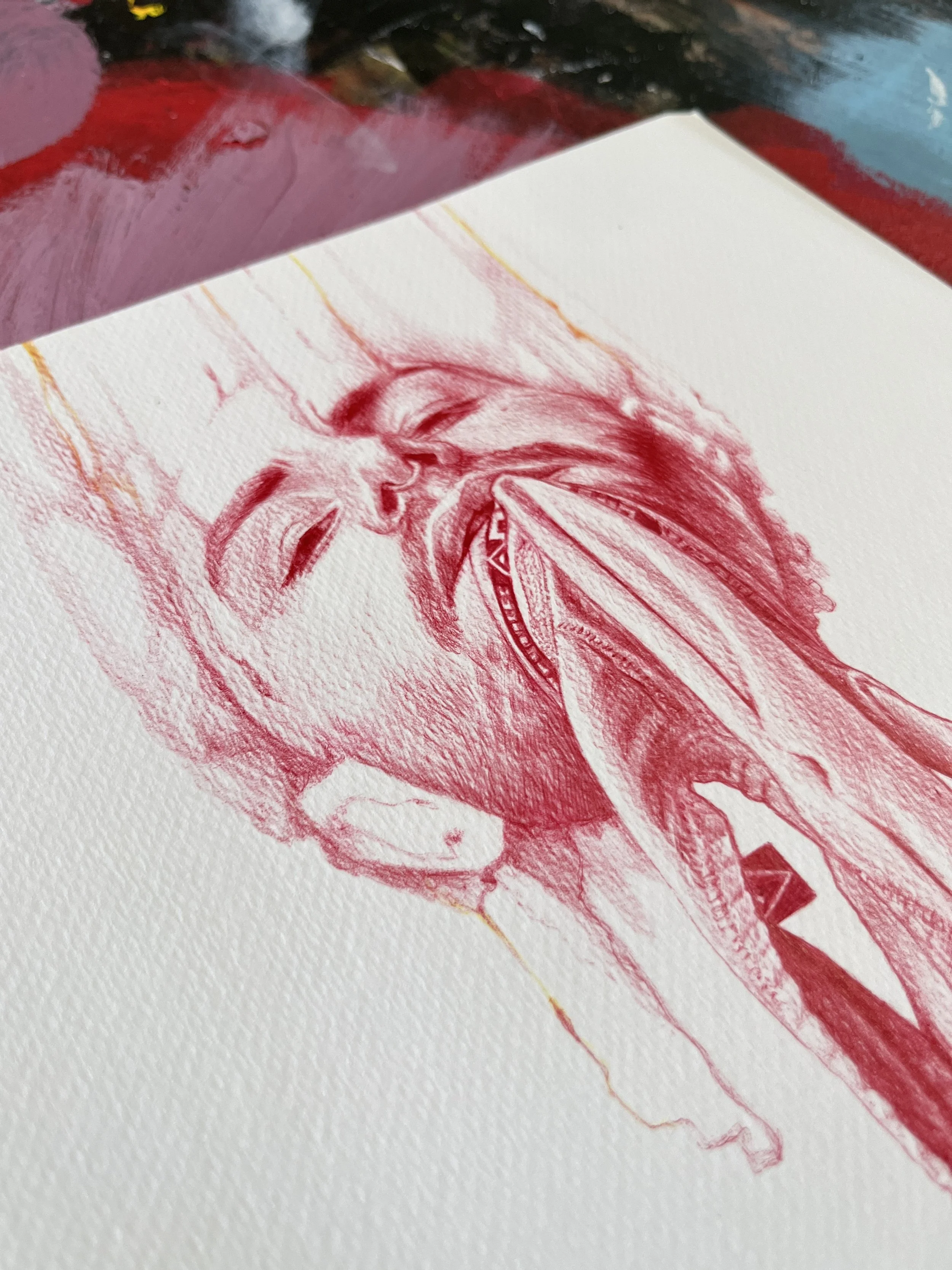détail dessin visage regard intense bouche slip désir matière papier