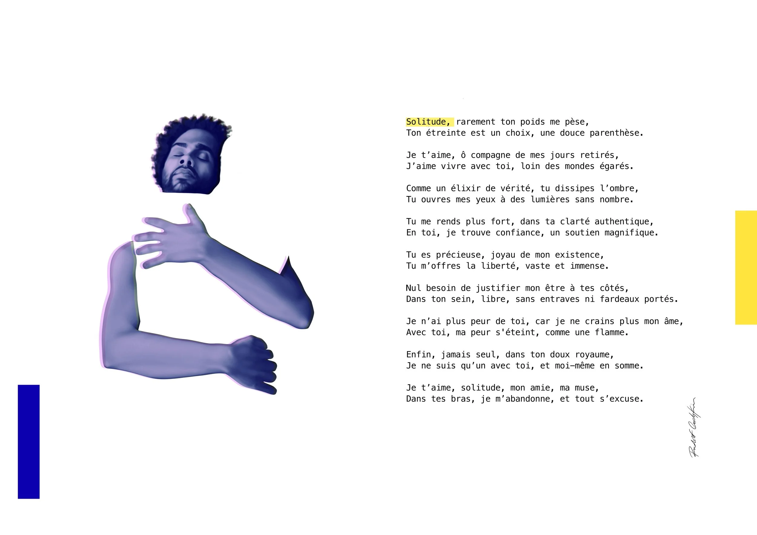 Solitude, mon amour, œuvre numérique associant figure masculine, bras et texte