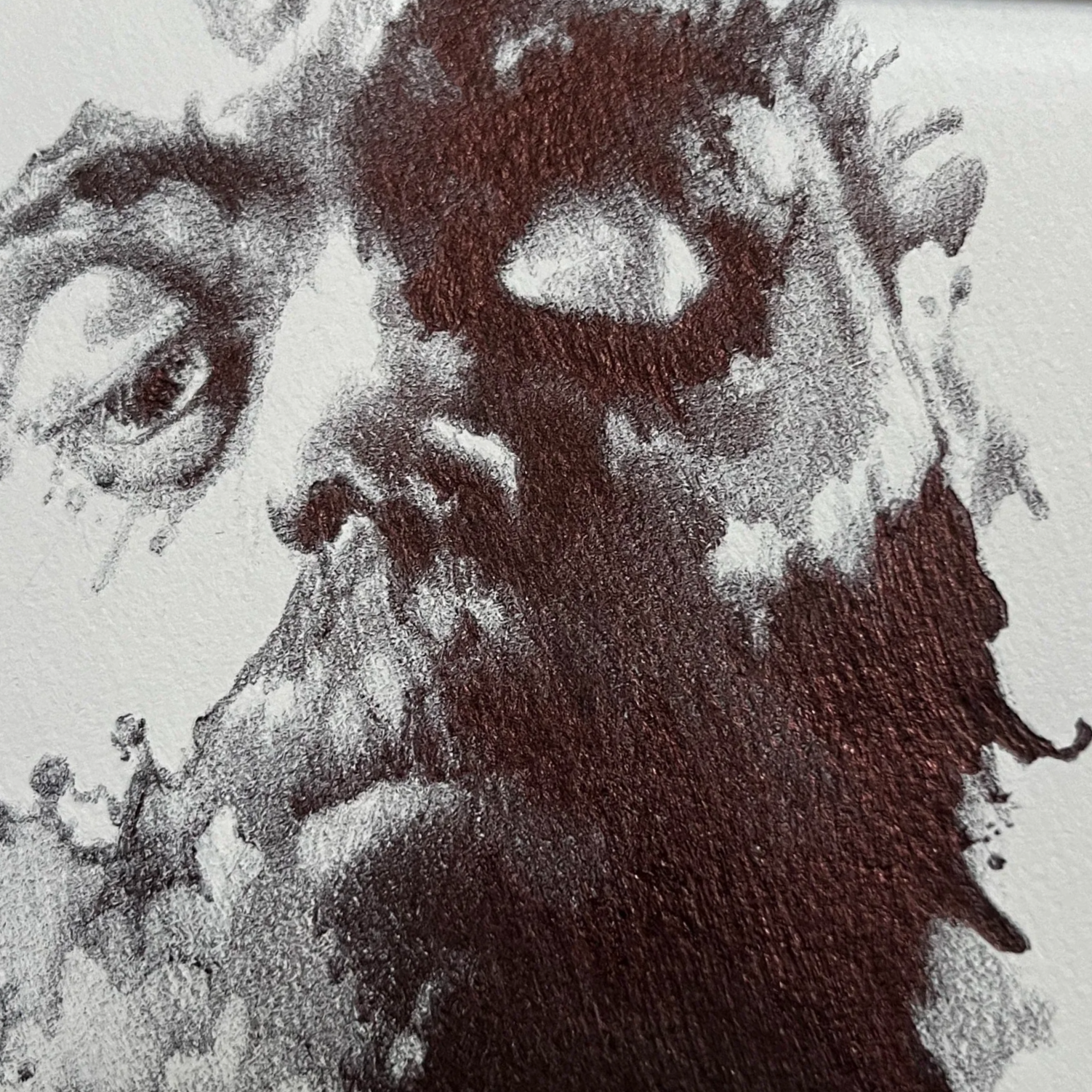 Dessin en noir et blanc d'un homme apparaissant dans une tache noire. Dessin original au stylo