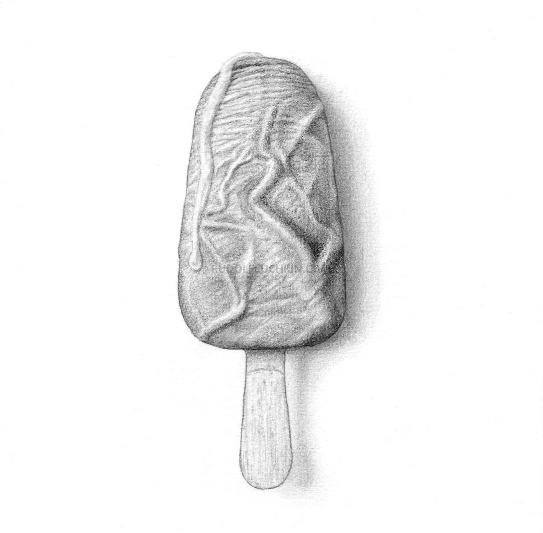 Dessin au graphite d’une glace fondante évoquant un symbole sexuel et sensuel, Rudolf Cuchkin