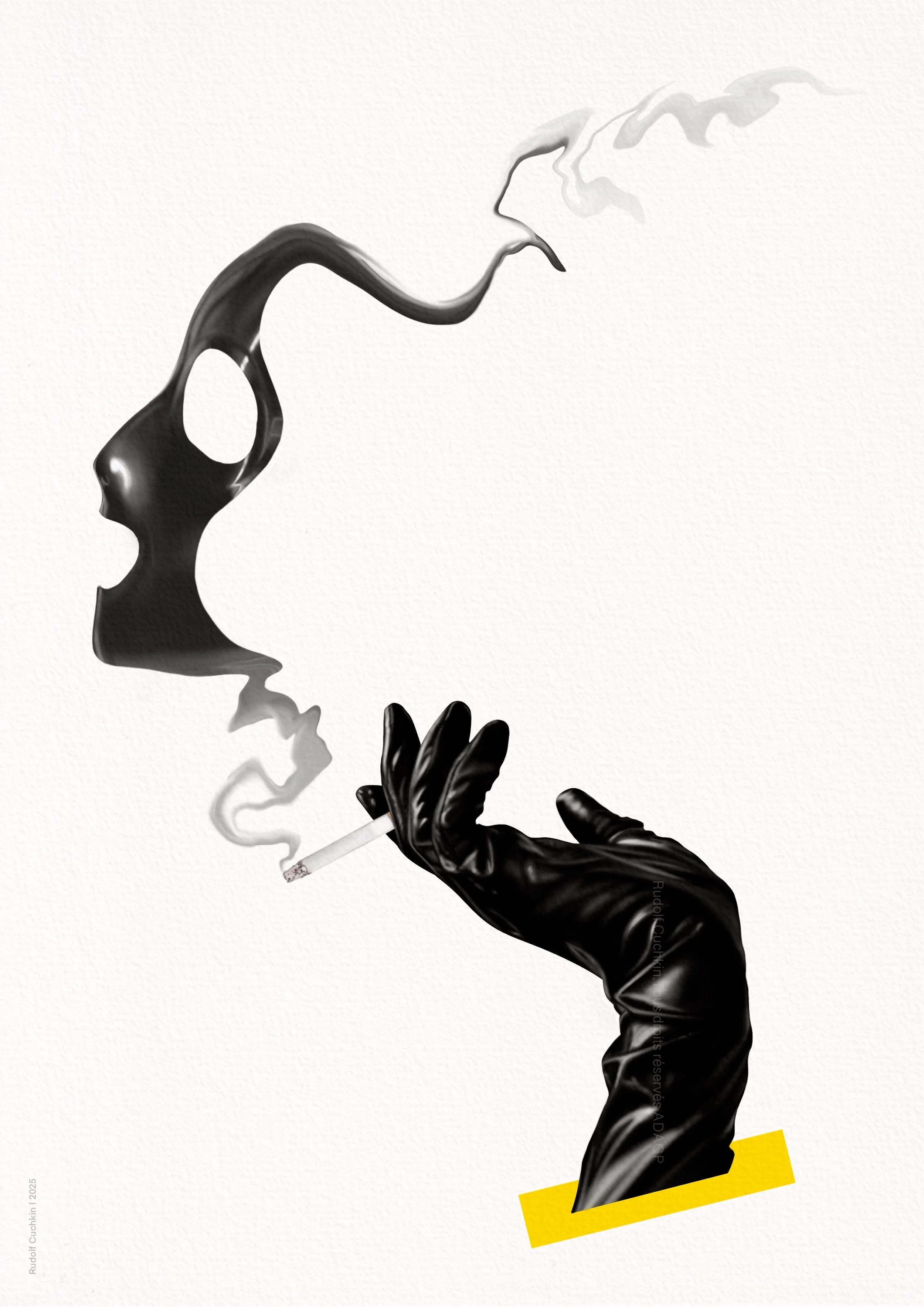 Main tenant un gant noir fume une cigarette, la fumée forme le profil d'un visage féminin noir.