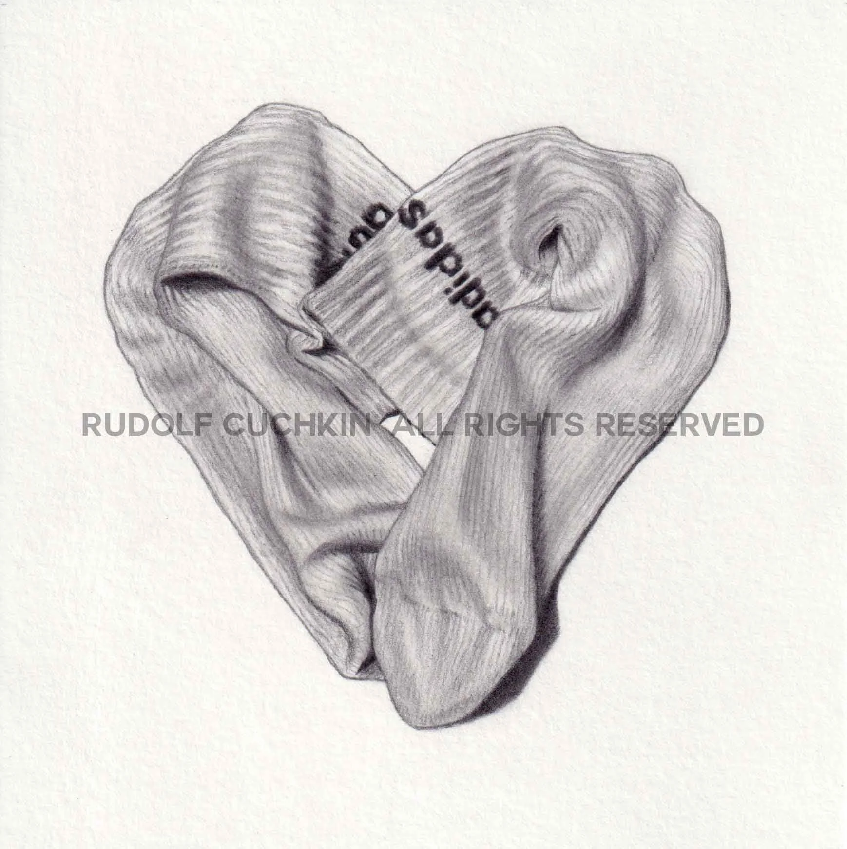 Dessin original au graphite représentant une paire de chaussettes entrelacées formant un cœur sur fond papier neutre.