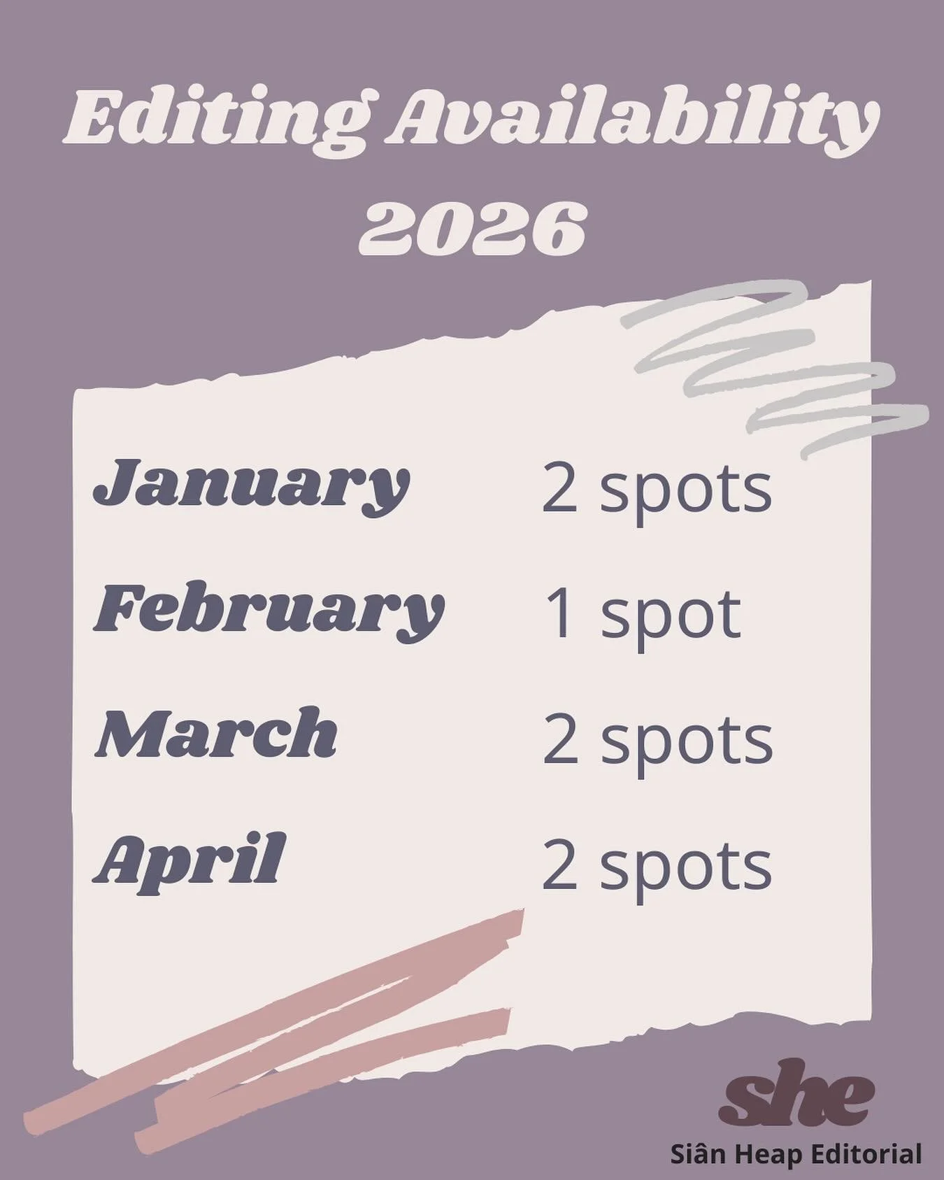 Is 2026 the year you finally publish that novel? 
📚
So pleased to say I&rsquo;m now fully booked until the end of 2025 for developmental editing slots! BUT that means I&rsquo;m now turning my attention towards 2026. This is what my availability look
