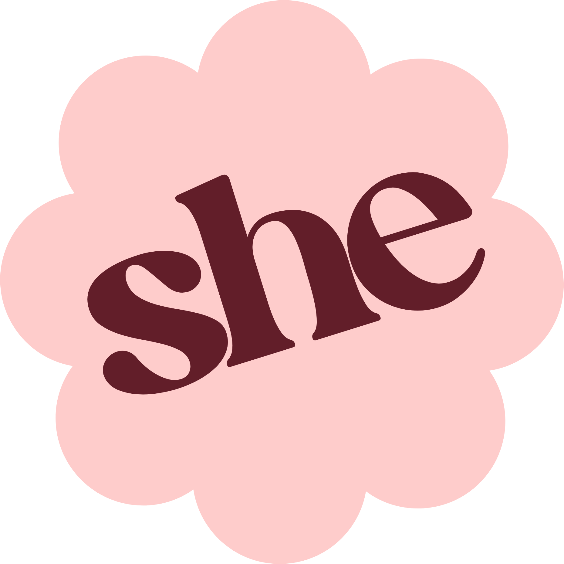 Pink flower with the word "she" in brown text across the center.