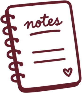 A drawing of a burgundy spiral-bound notebook with the word 'notes' written on the cover, along with lines and a small heart symbol.