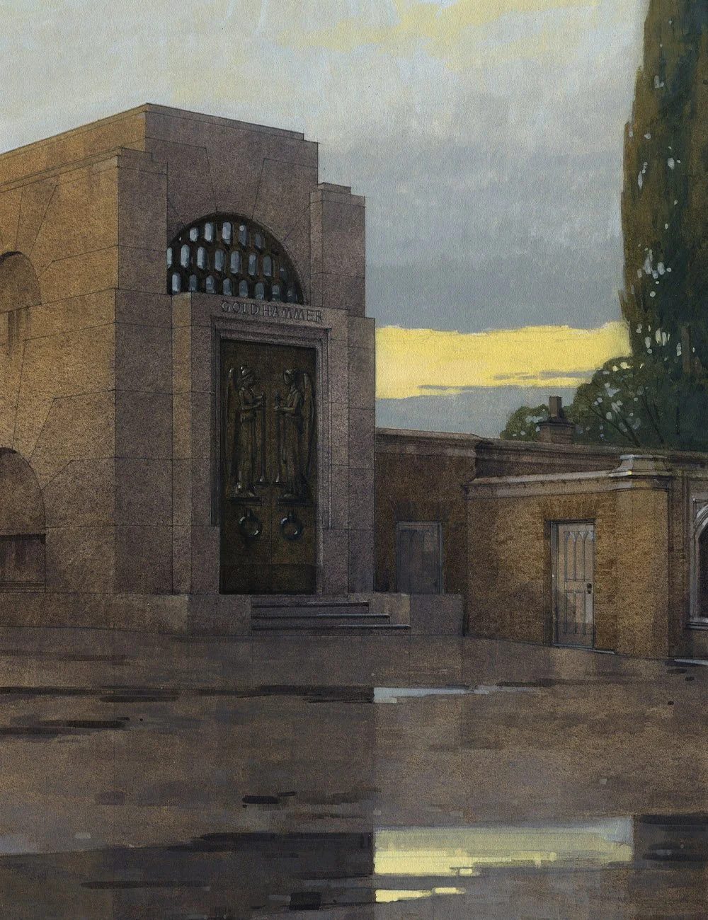 Architectural rendering of the New Sepulchre mausoleum showing the proposed classical stone design and bronze entrance doors.
