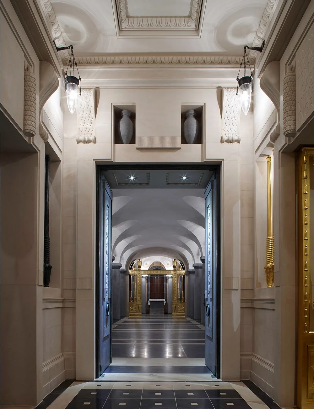 View through the classical interior corridors of The Chapel of Christ the Redeemer at Culham.