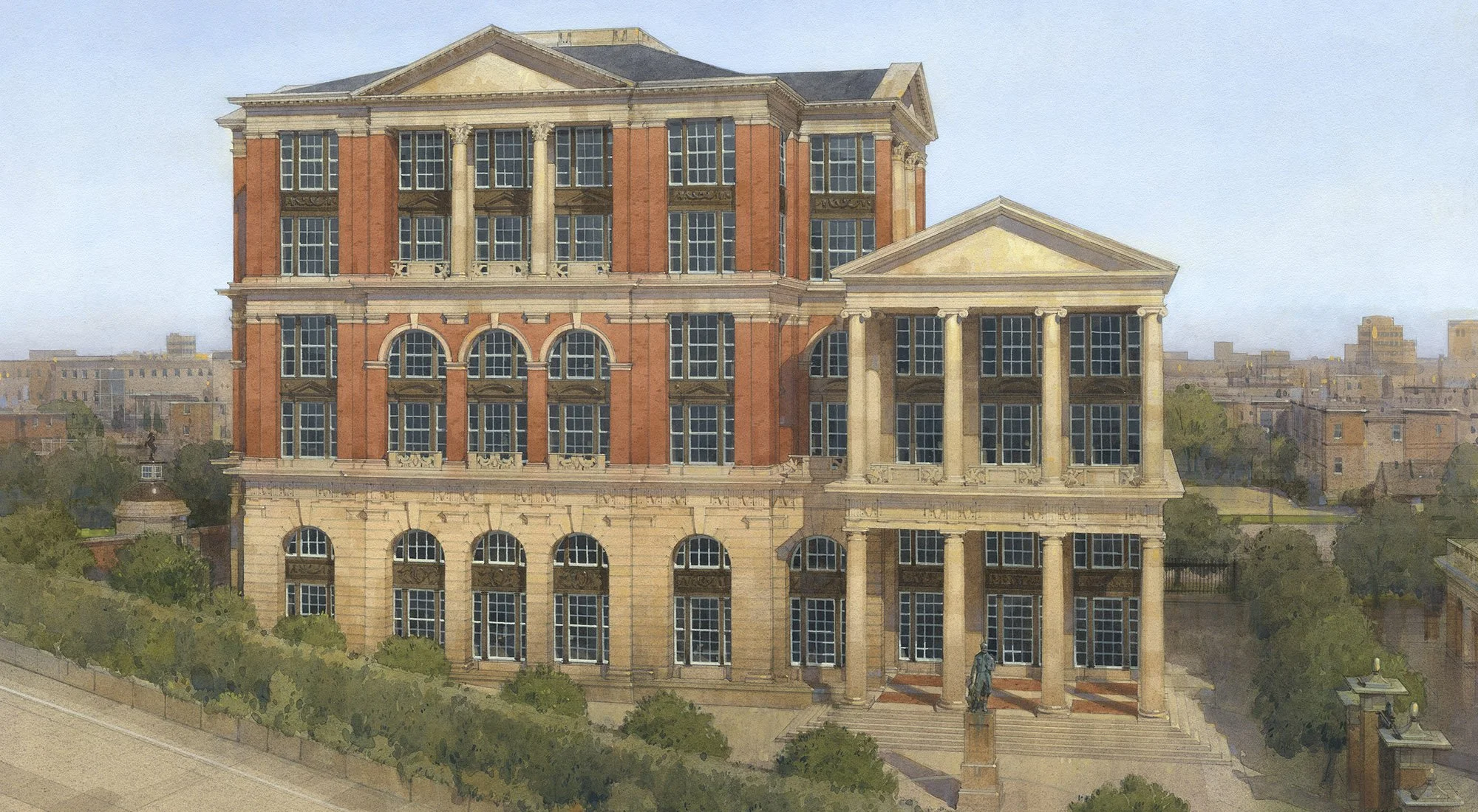 Architectural watercolour of the proposed design for Freedom Place at Old Parkland, Dallas, by Craig Hamilton Architects.