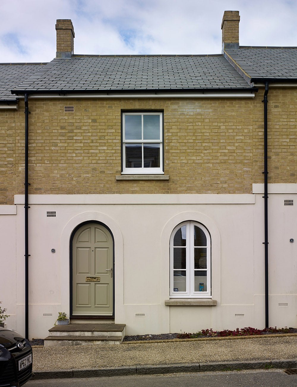 Front elevation of a traditional townhouse at Poundbury, Dorchester, Dorset.