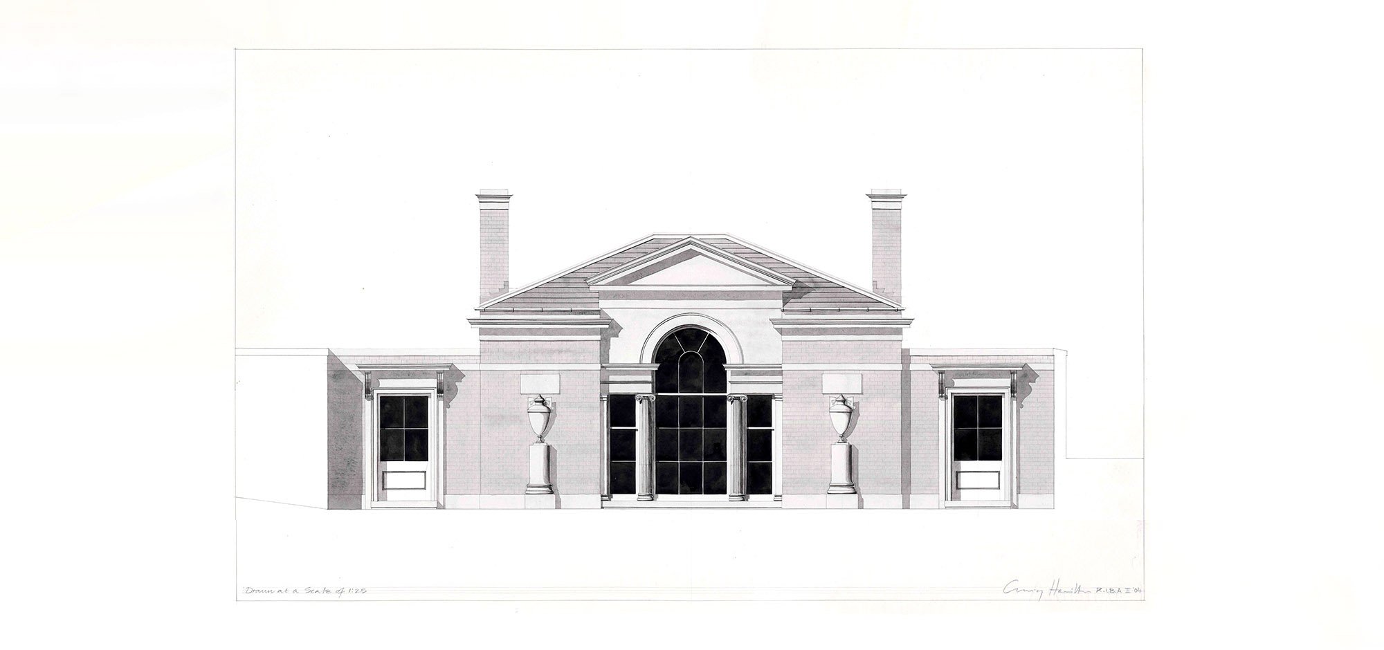 Classical architectural elevation for a London courtyard house illustrating the principal façade and formal proportions.