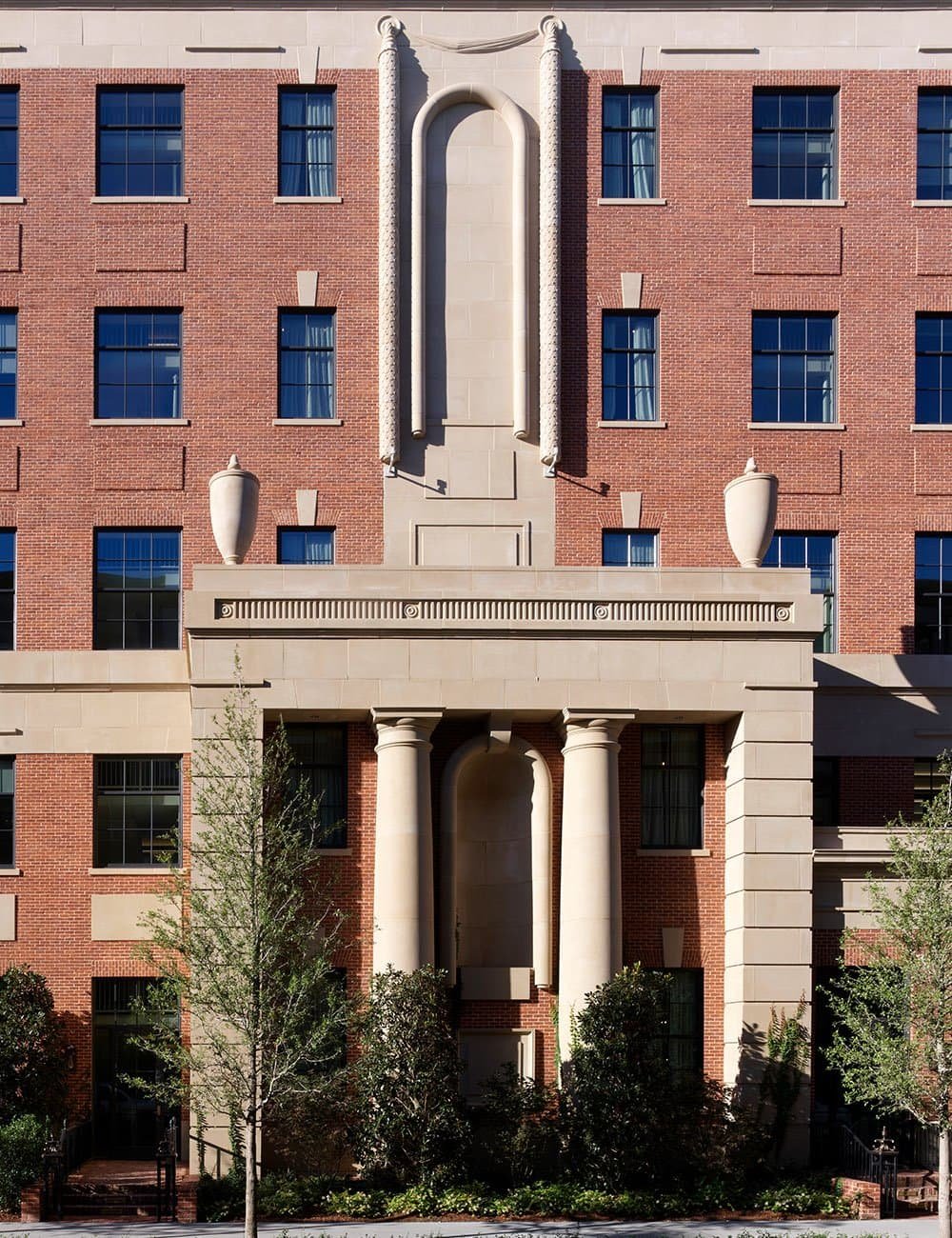 Classical entrance portico to an office building at East Campus, Old Parkland, Dallas.