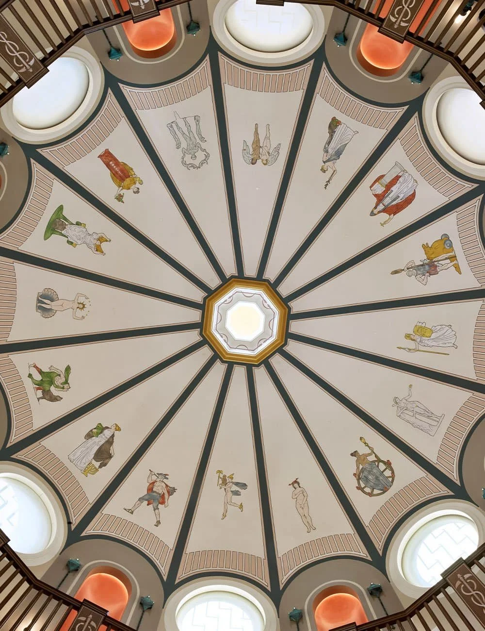 Interior of the Ether Dome at East Campus, Old Parkland, Dallas, with painted domed ceiling and circular debating chamber.