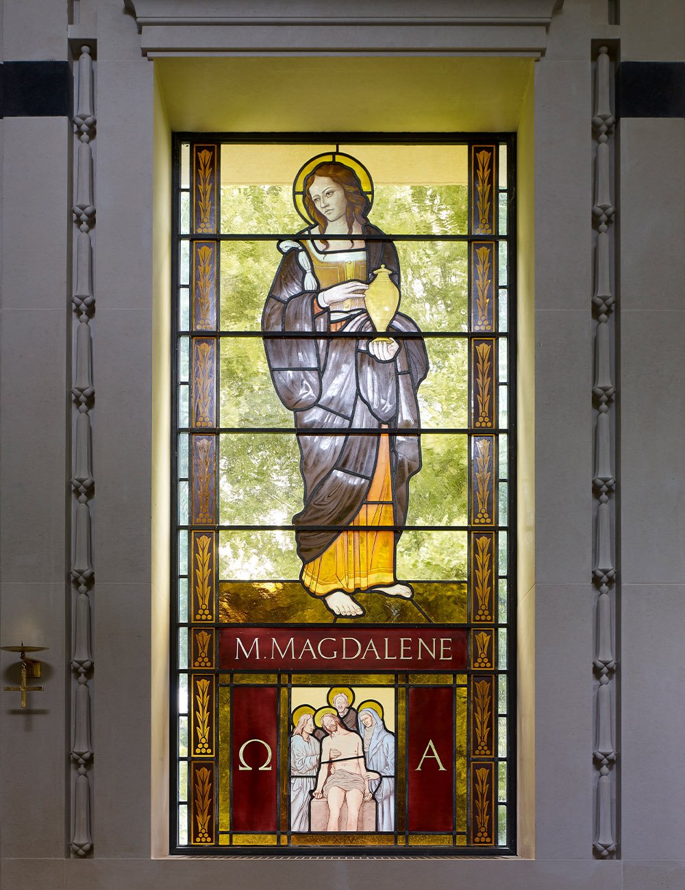 Handcrafted stained glass window depicting Saint Mary Magdalene in the Chapel of Our Lady at Williamstrip.