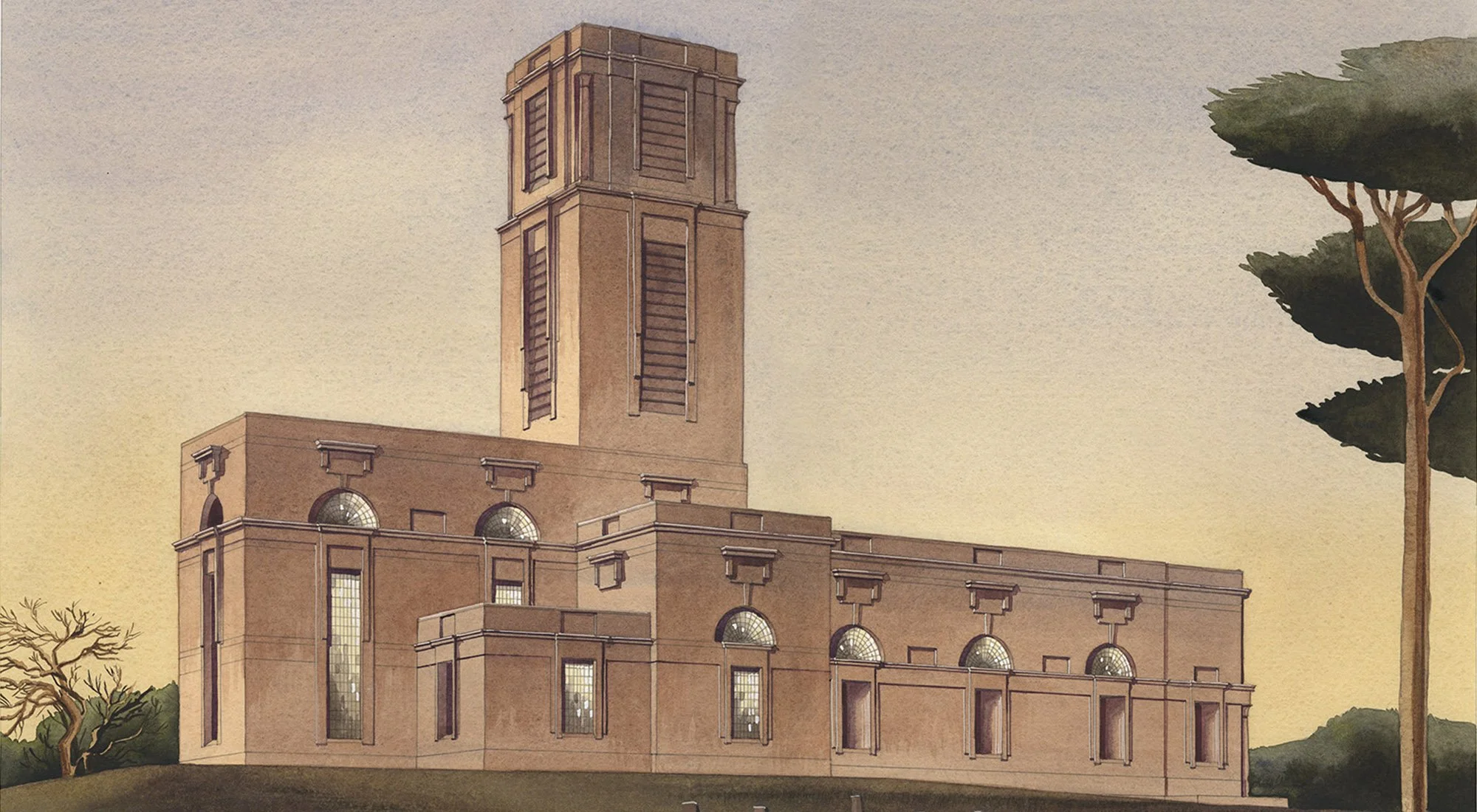 Architectural drawing of the Church of the Holy Angels in Arcadia, featuring a classical church design with a prominent bell tower and traditional proportions.