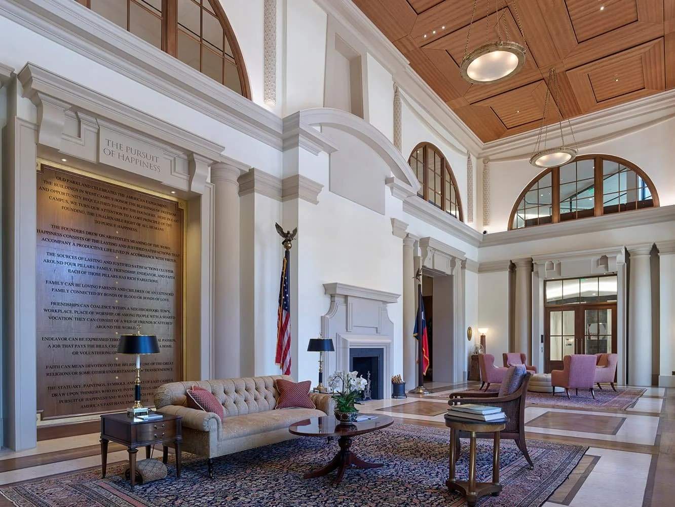 Classical interior lounge at East Campus, Old Parkland, Dallas, with vaulted ceilings and decorative detailing.