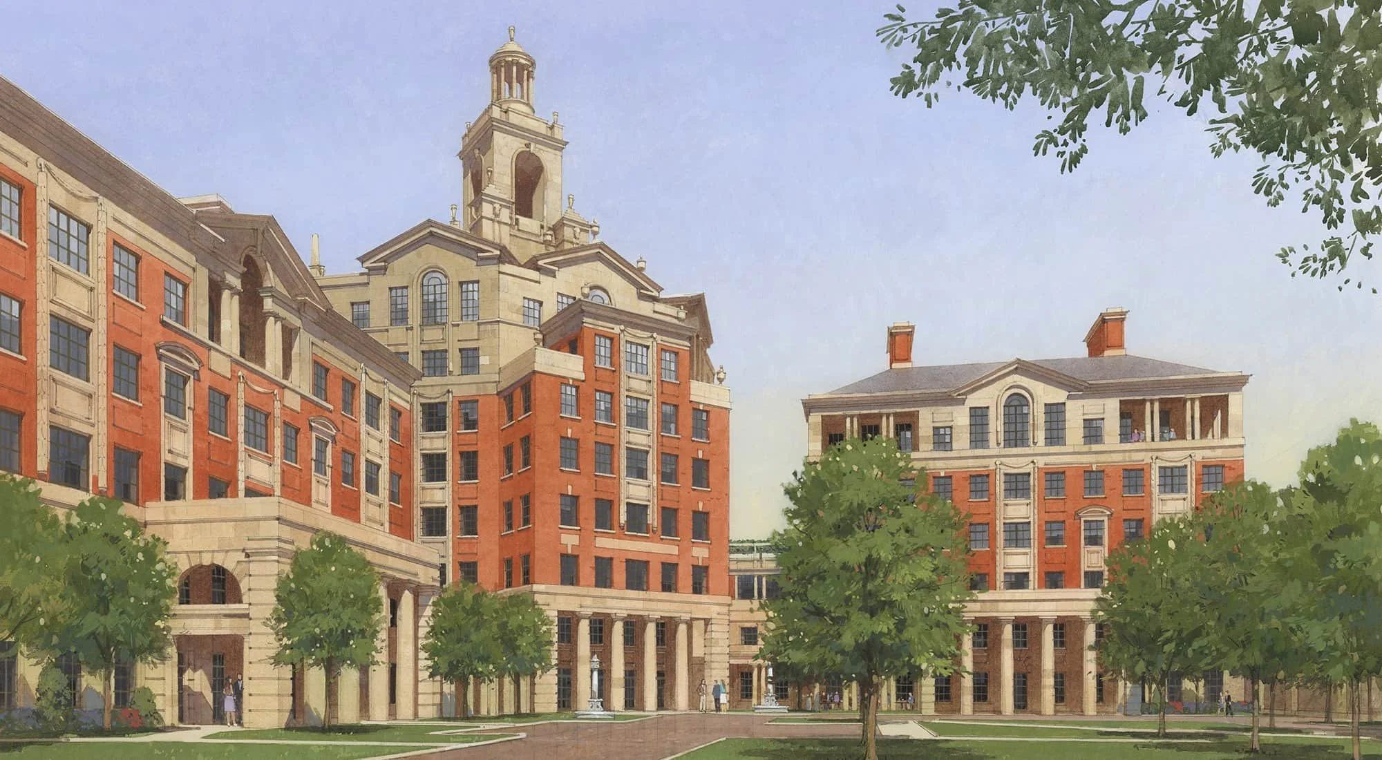 Artist's perspective of the East Campus office development at Old Parkland in Dallas, showing the central tower, colonnades and landscaped campus.