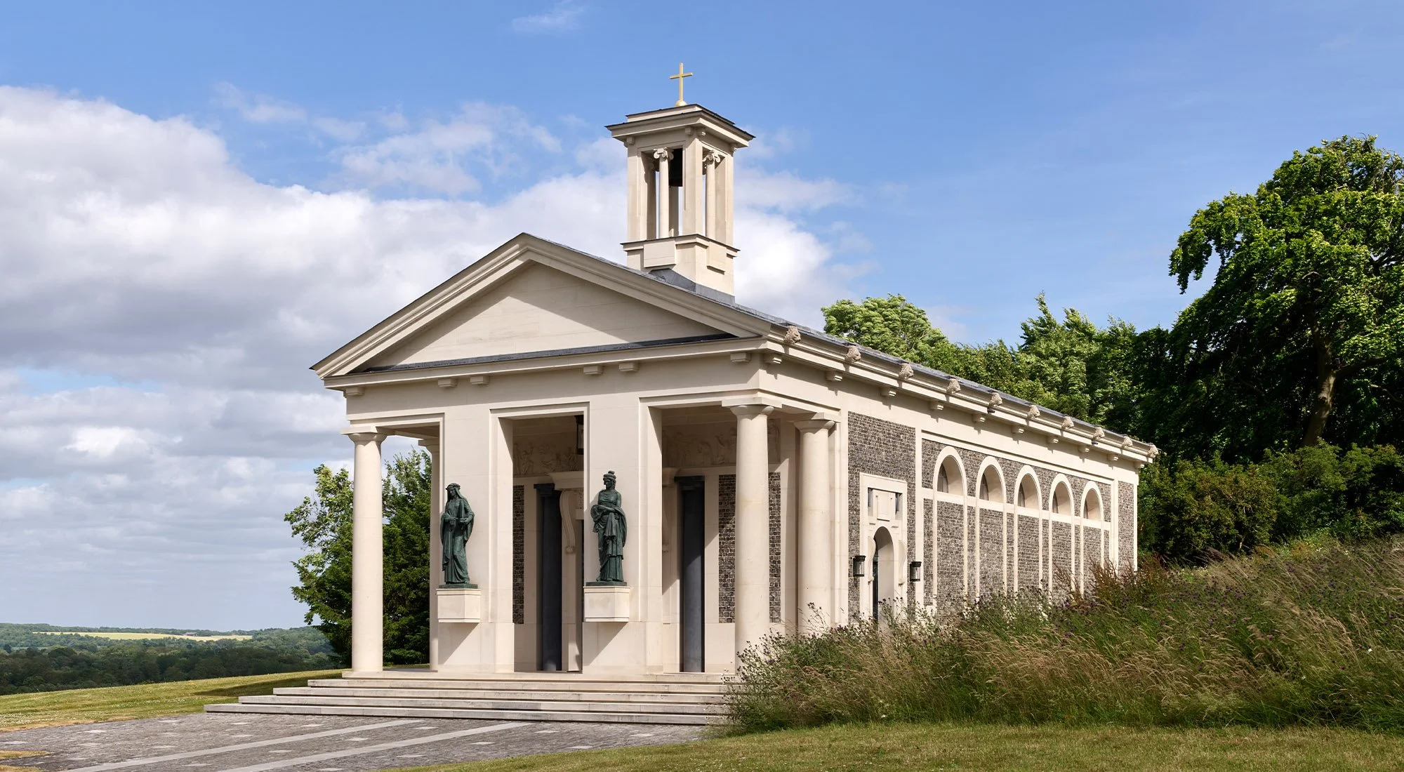 Classical chapel designed by Craig Hamilton Architects at Culham featuring stone colonnades, pedimented portico and traditional sacred architecture.