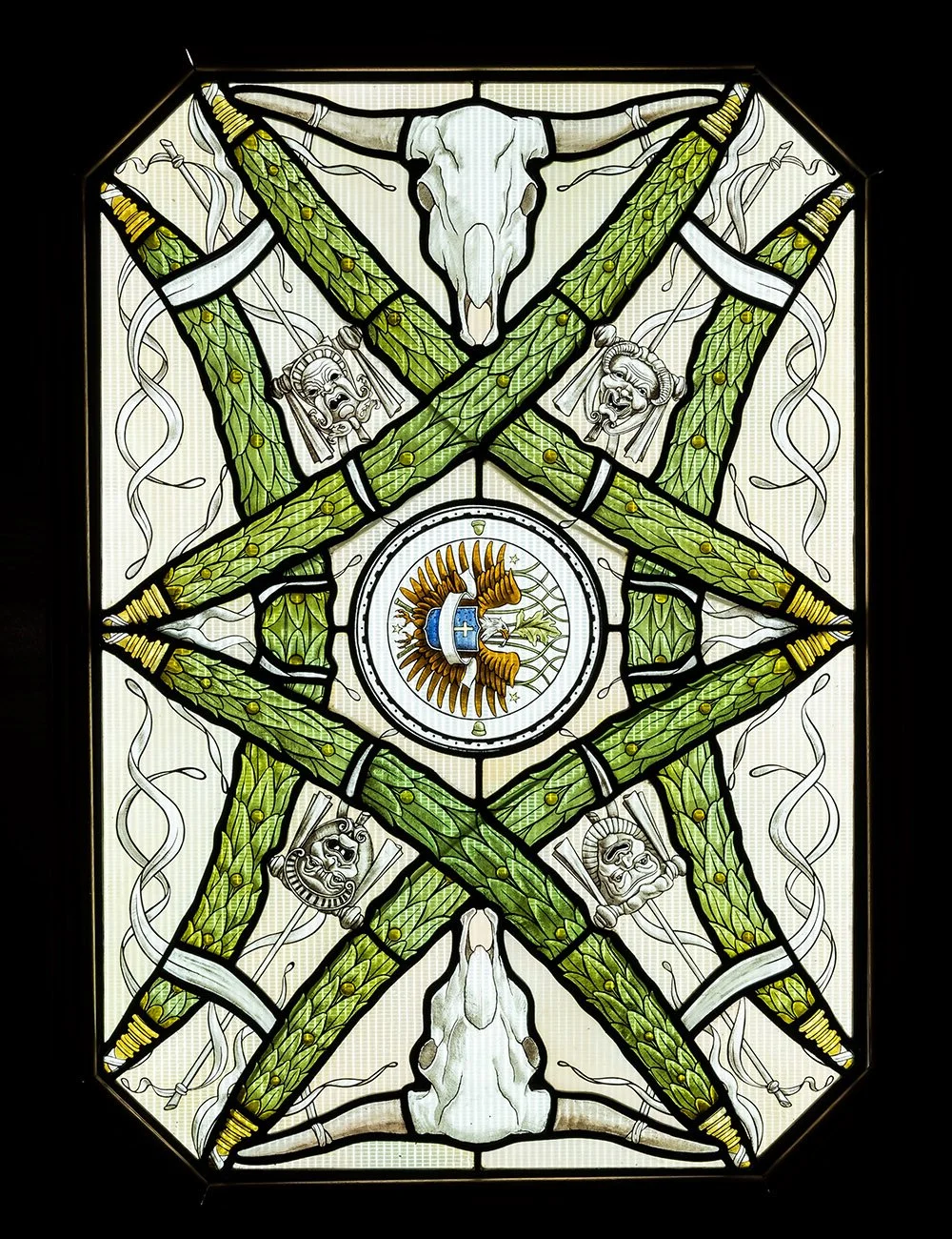 Decorative stained-glass ceiling panel at Freedom Place, Old Parkland, Dallas, featuring classical motifs.