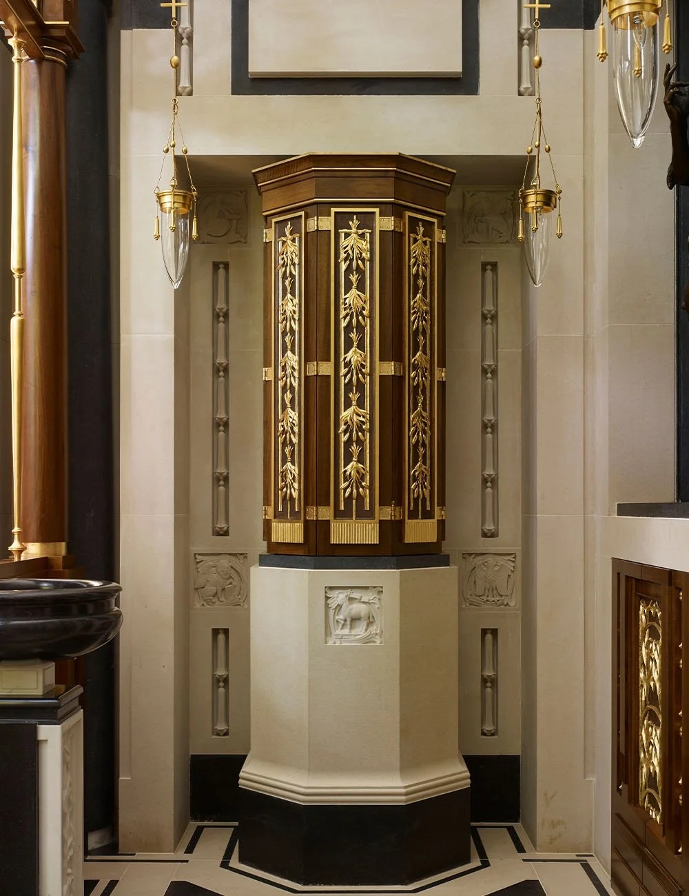 Classical pulpit with fine joinery, gilded ornament and sacred architectural detailing at the Chapel of Our Lady, Williamstrip.