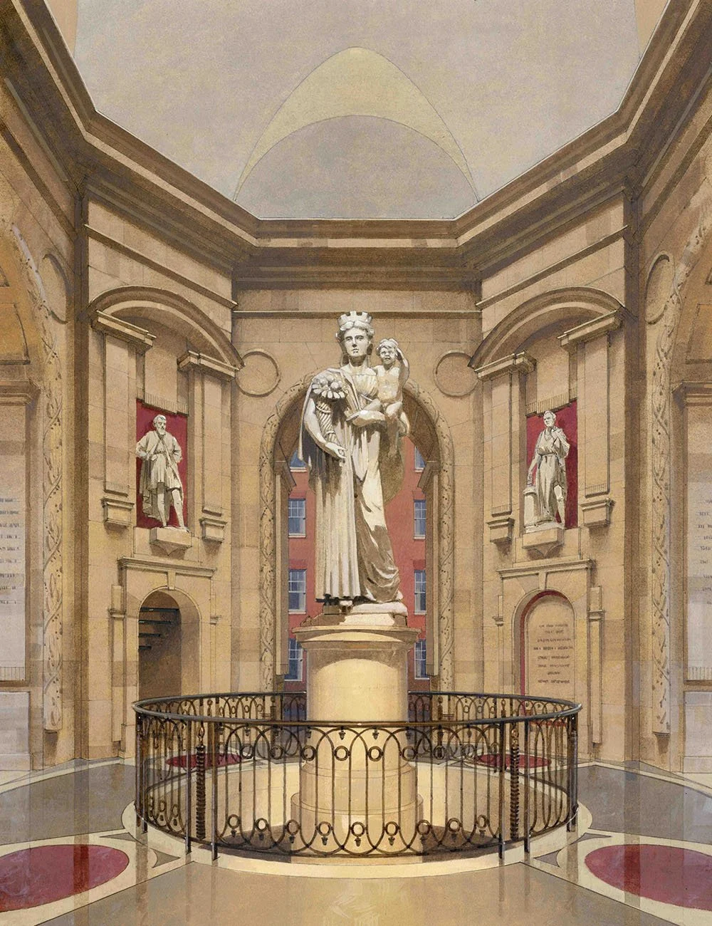 Monumental sculpture within the circular rotunda of The Campanile, surrounded by classical stone architecture and statuary.