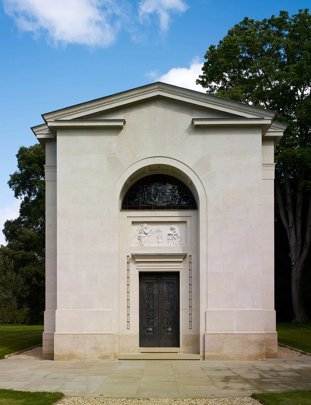 Front elevation of the Chapel of Our Lady at Williamstrip showing classical stone architecture and sculptural entrance detailing.