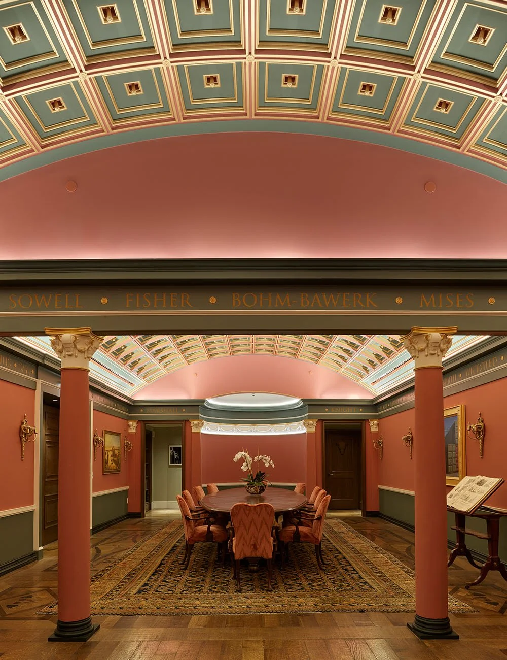 Ceremonial interior room with coffered ceiling, classical columns and decorative detailing at The Campanile, Dallas.