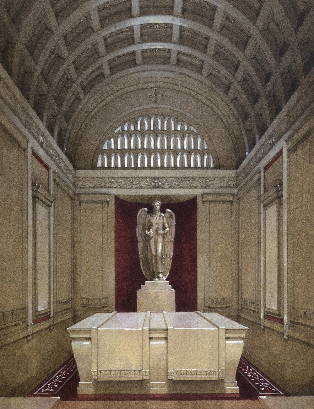 Interior mausoleum chamber with a coffered stone vault, memorial sculpture and finely crafted funerary architecture.
